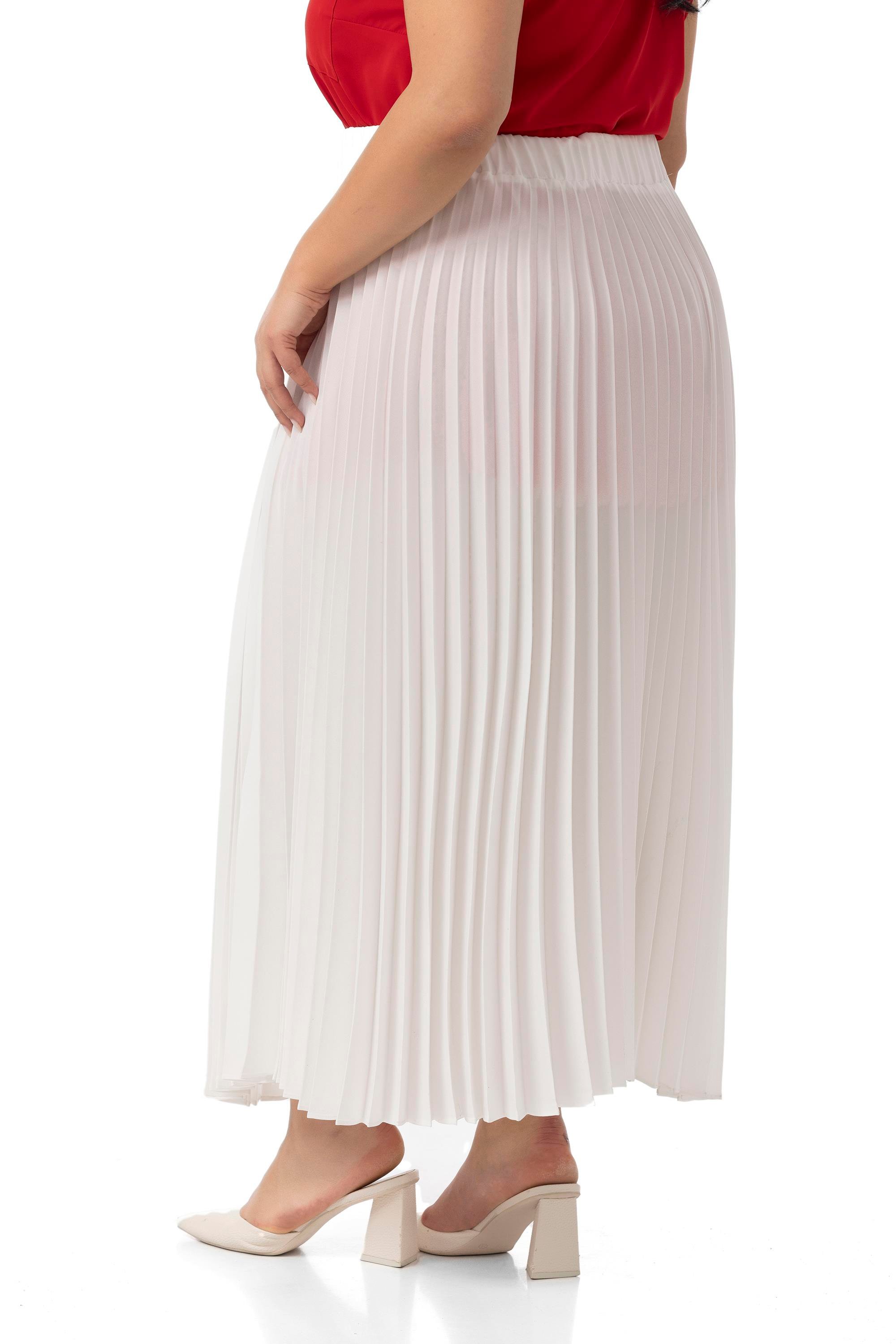 Büyük Beden Beli Lastikli Pileli Uzun Beyaz Etek