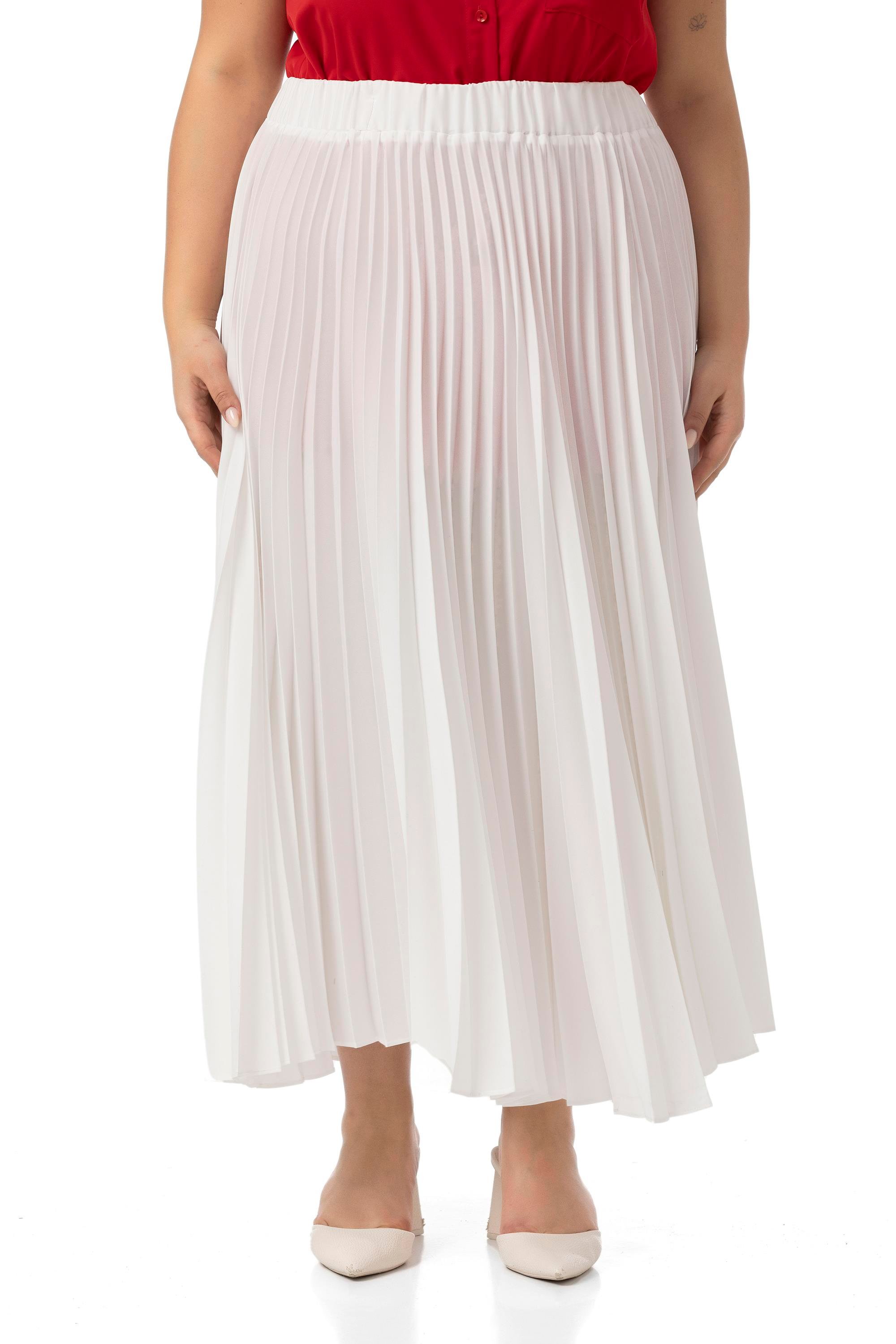 Büyük Beden Beli Lastikli Pileli Uzun Beyaz Etek