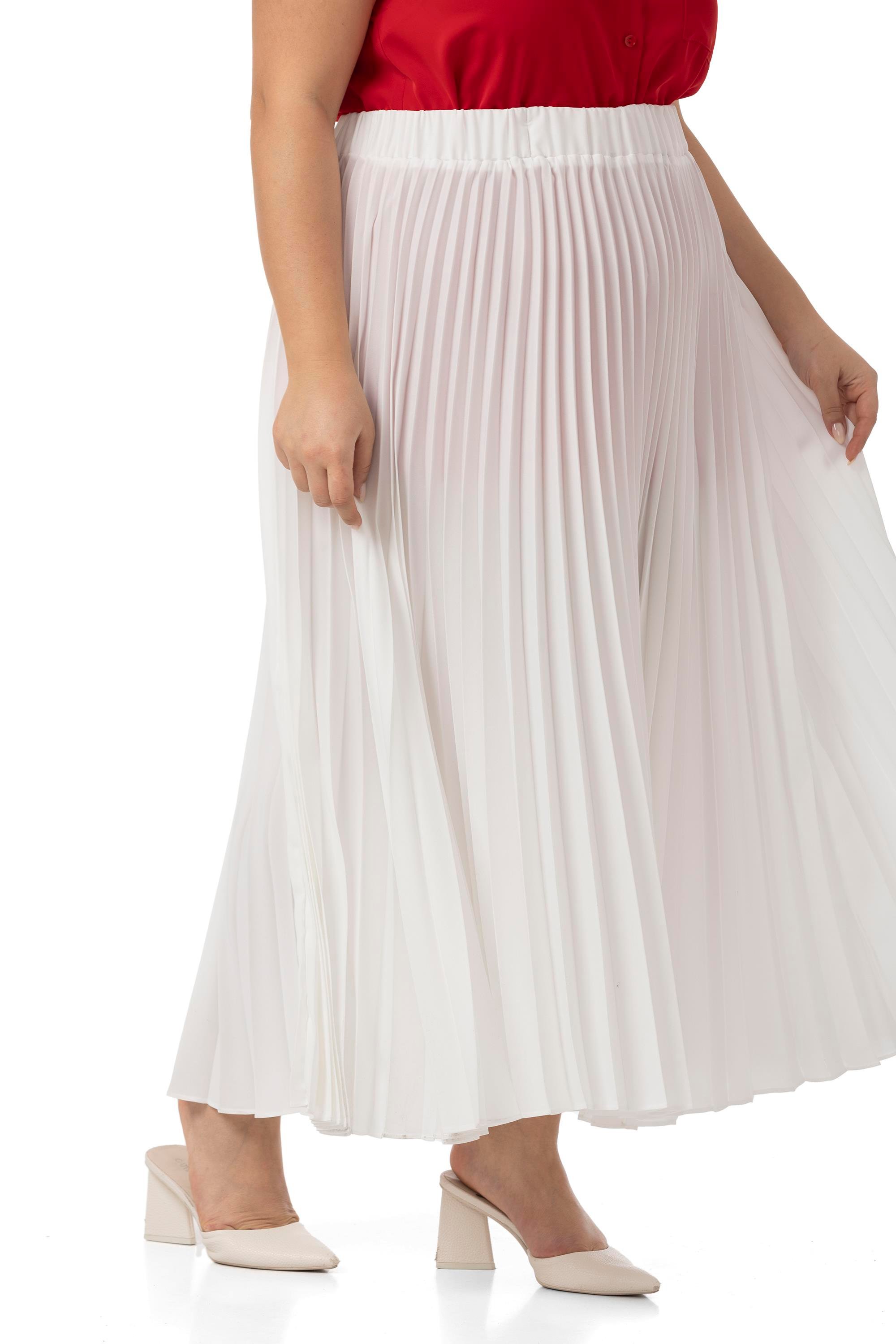 Büyük Beden Beli Lastikli Pileli Uzun Beyaz Etek