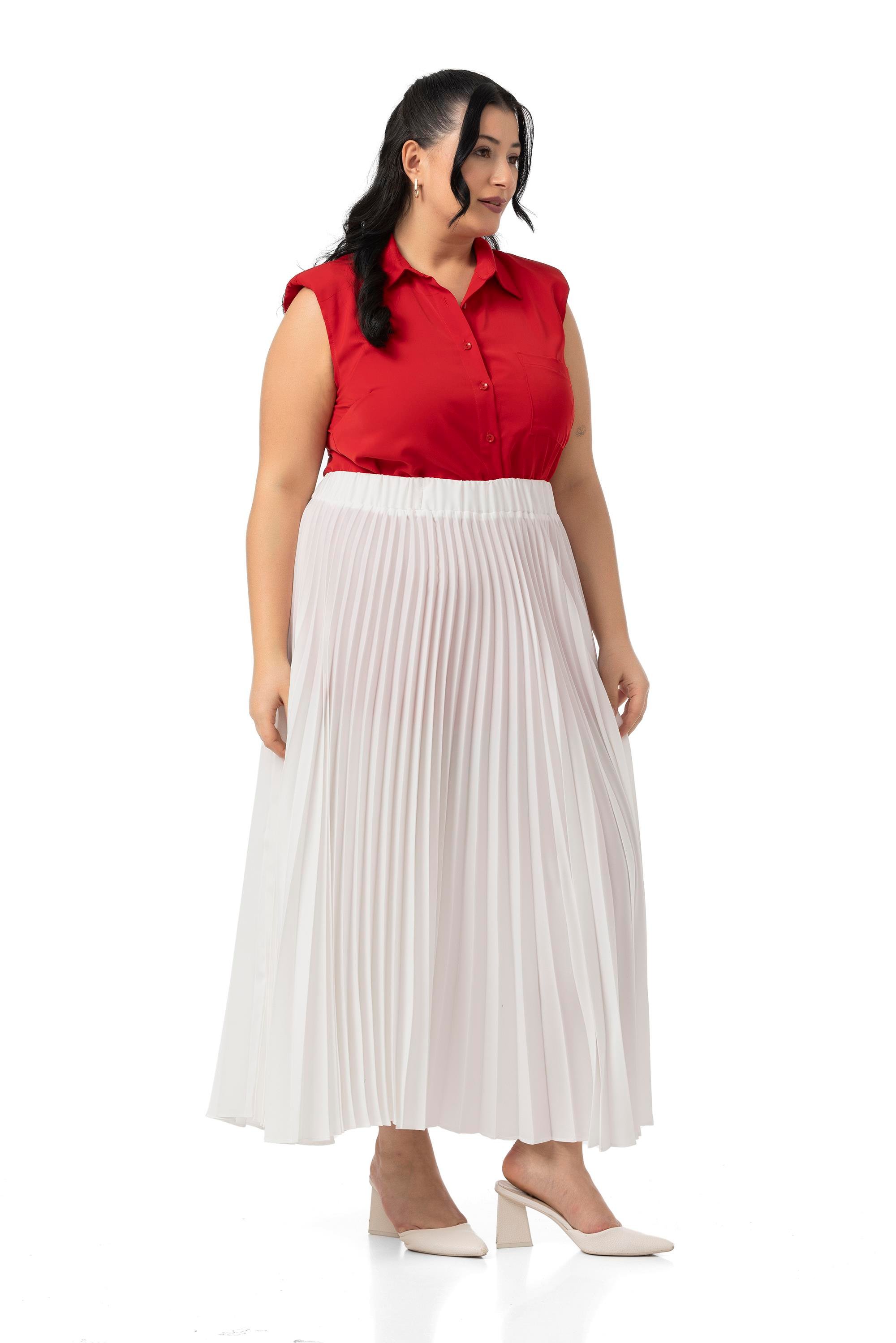 Büyük Beden Beli Lastikli Pileli Uzun Beyaz Etek