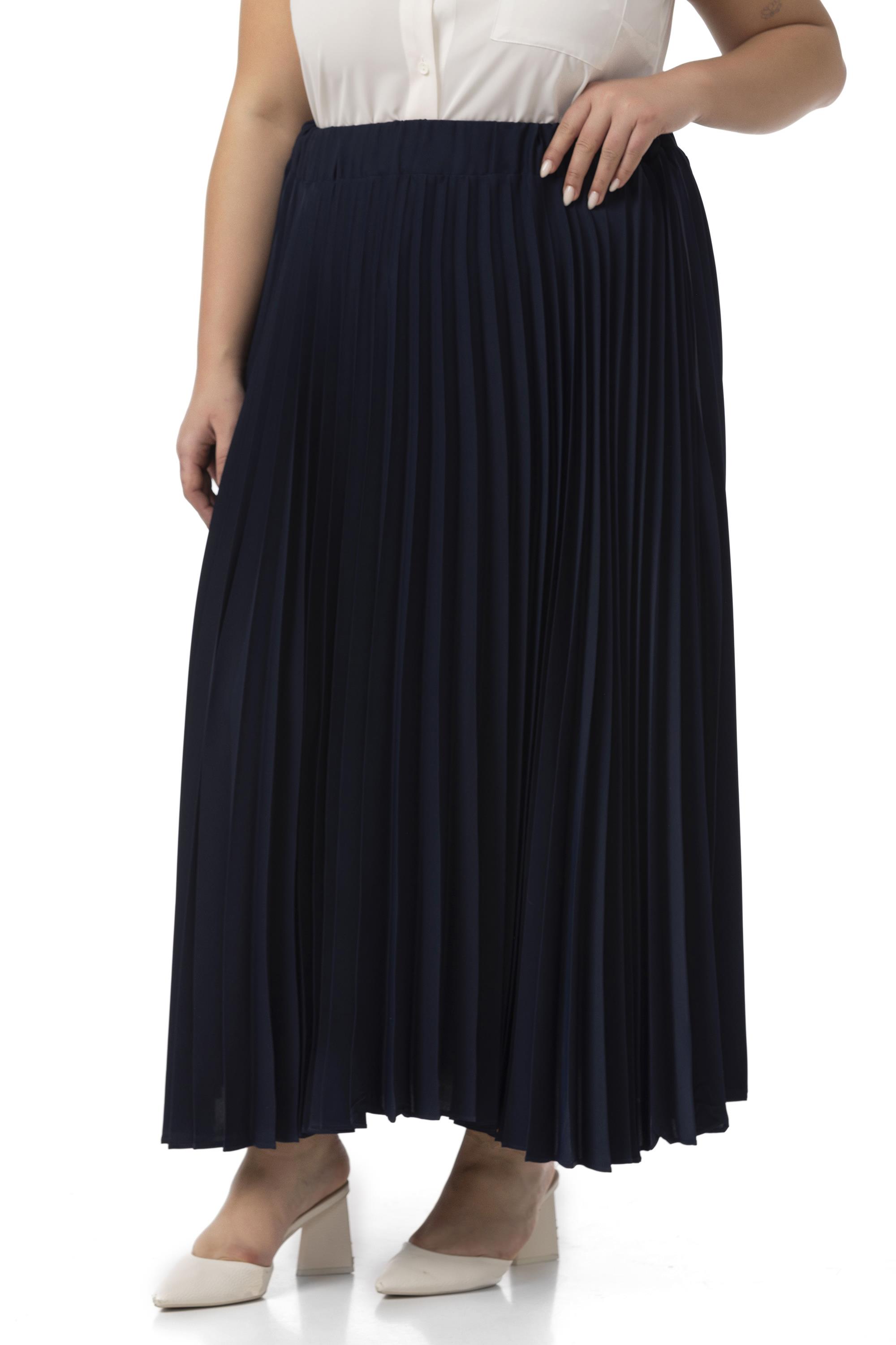 Büyük Beden Beli Lastikli Pileli Uzun Lacivert Etek