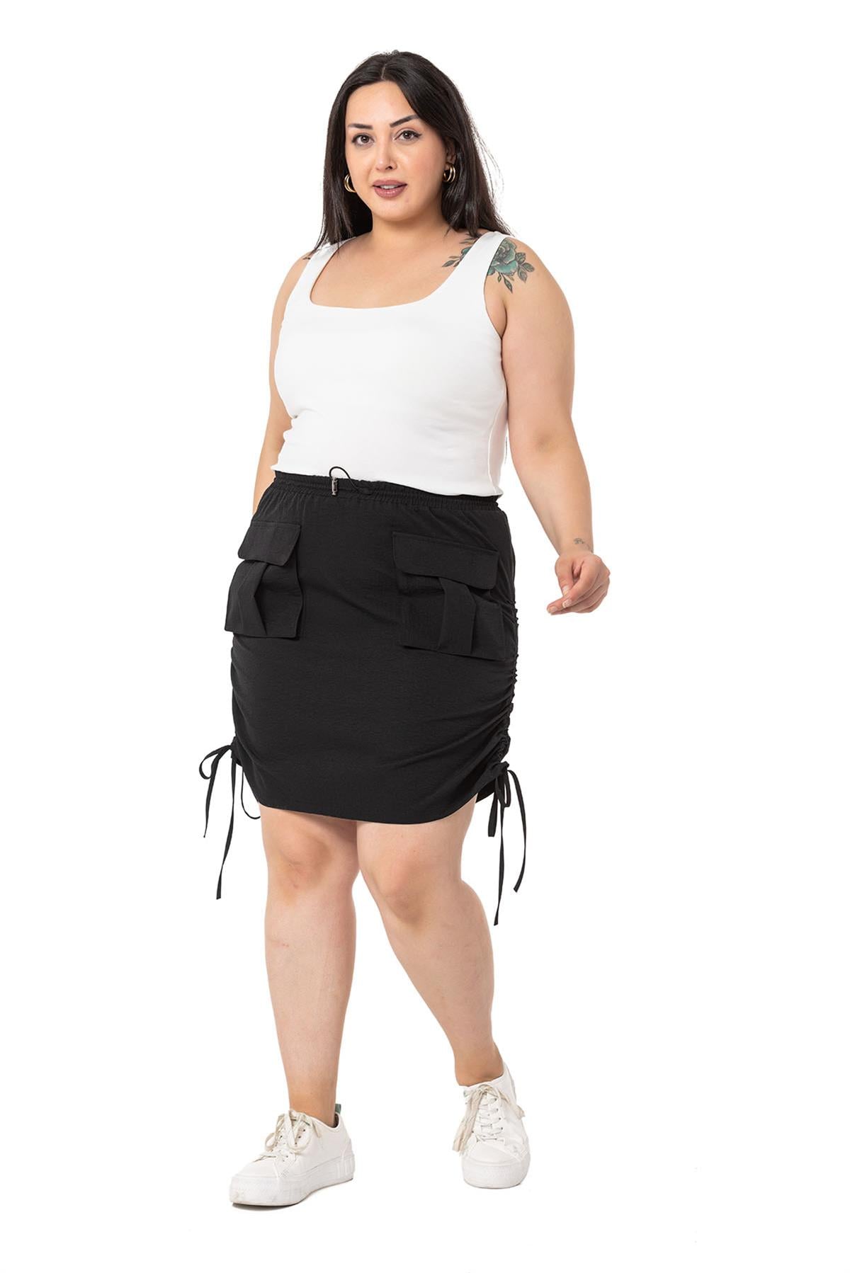 Plus Size Gather Detailed Parachute Mini Black Skirt