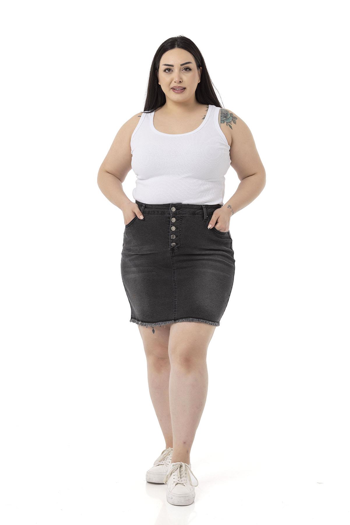 Plus Size Skirt Tasseled Button Detailed Anthracite Denim Mini Skirt