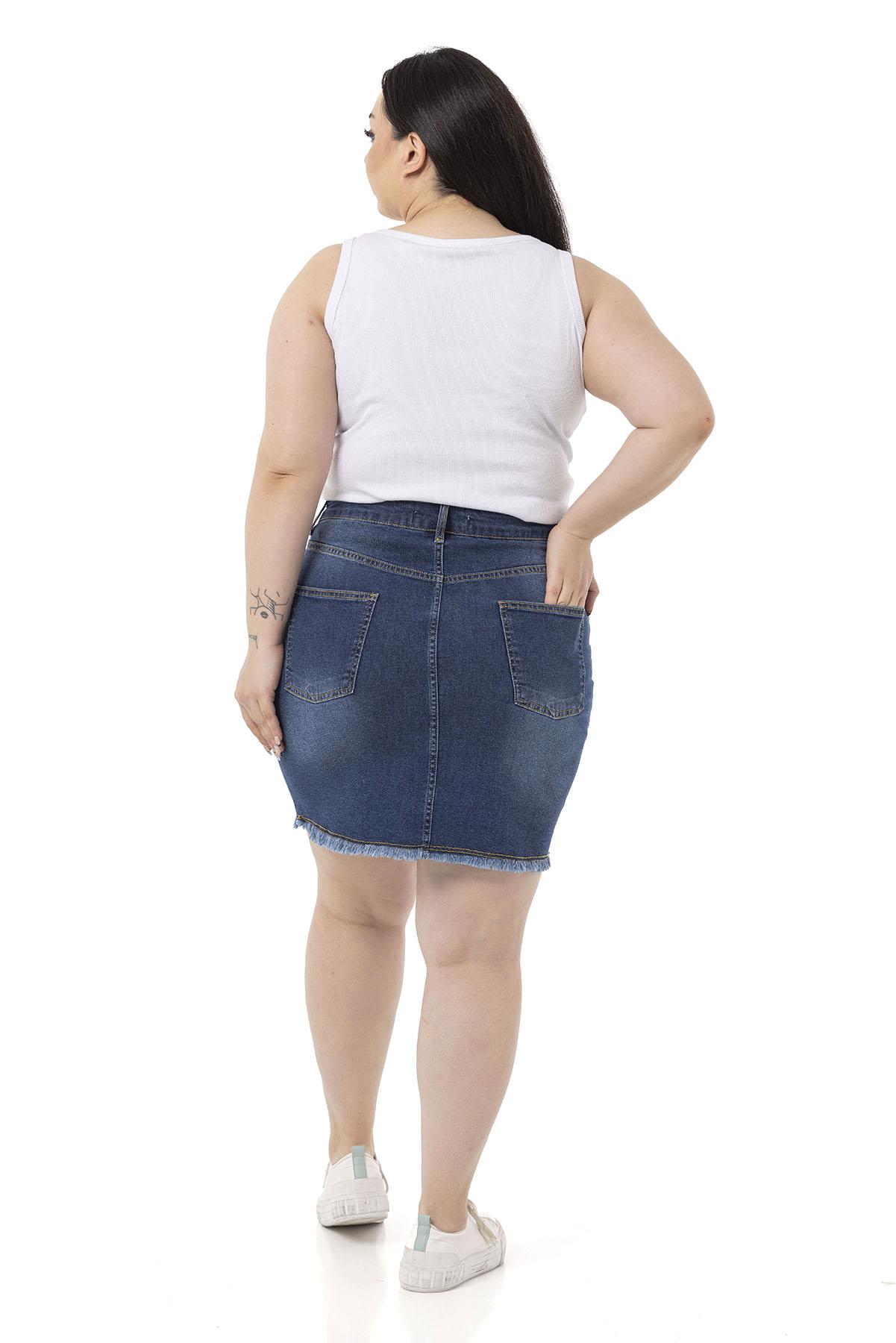 Plus Size Skirt Tasseled Button Detailed Blue Denim Mini Skirt