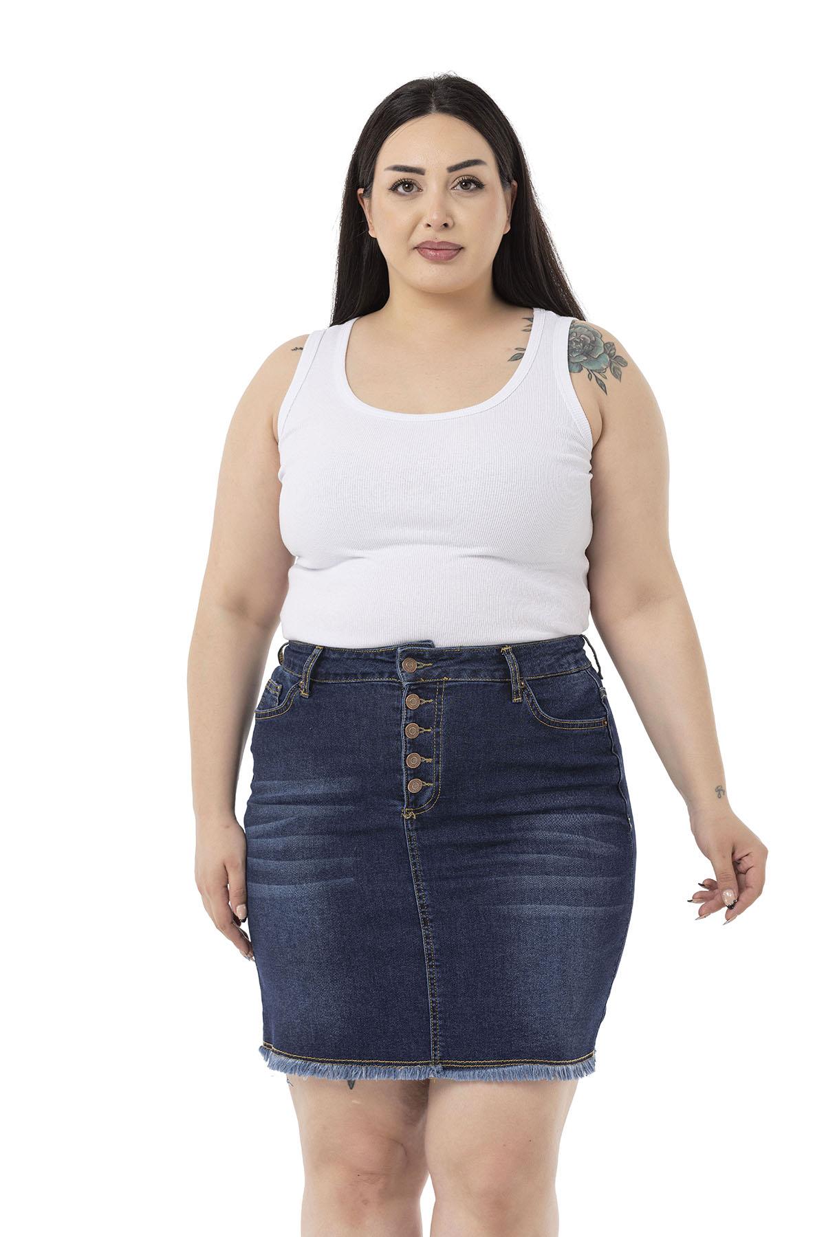 Plus Size Skirt Tasseled Button Detailed Navy Blue Denim Mini Skirt