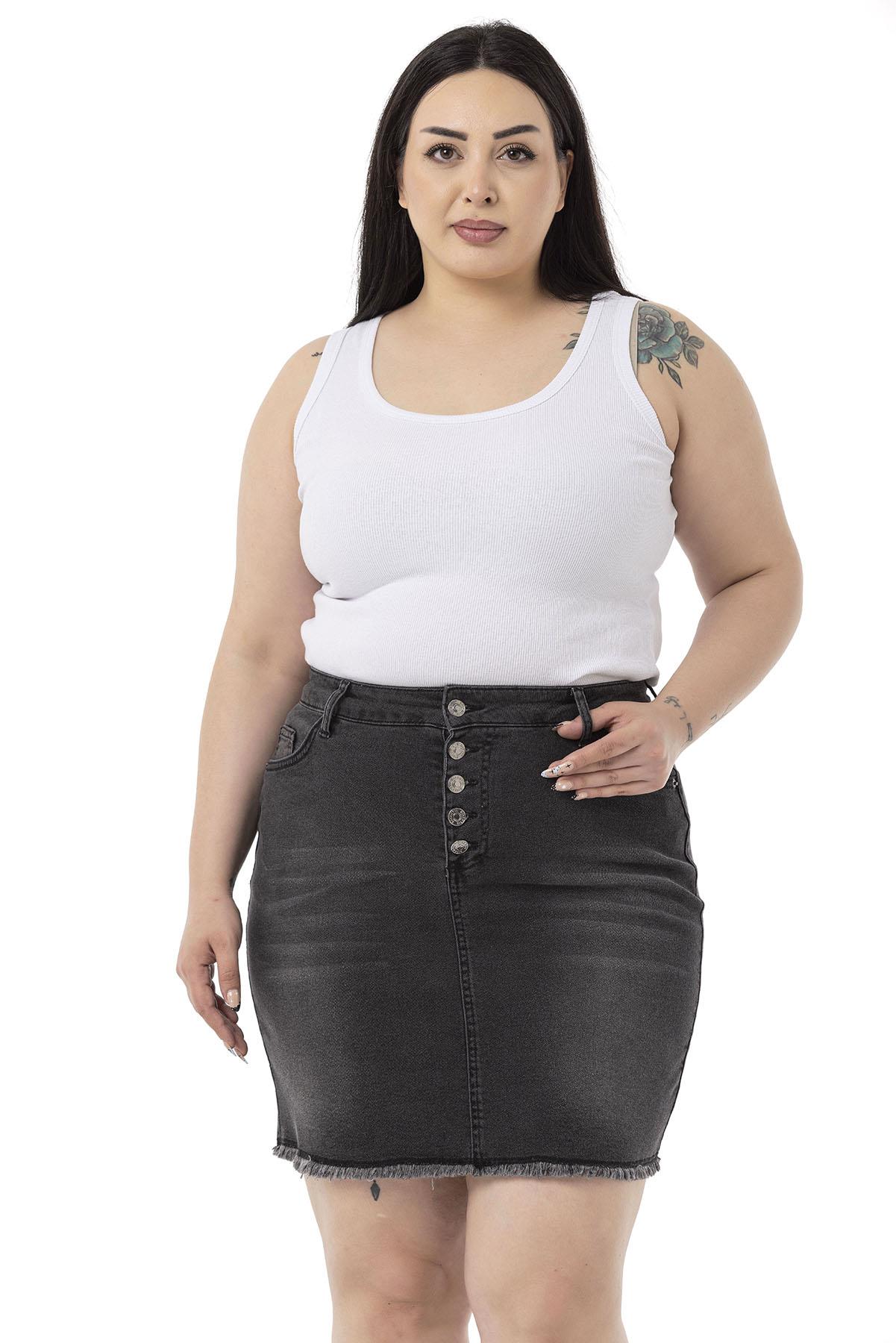 Plus Size Skirt Tasseled Button Detailed Anthracite Denim Mini Skirt