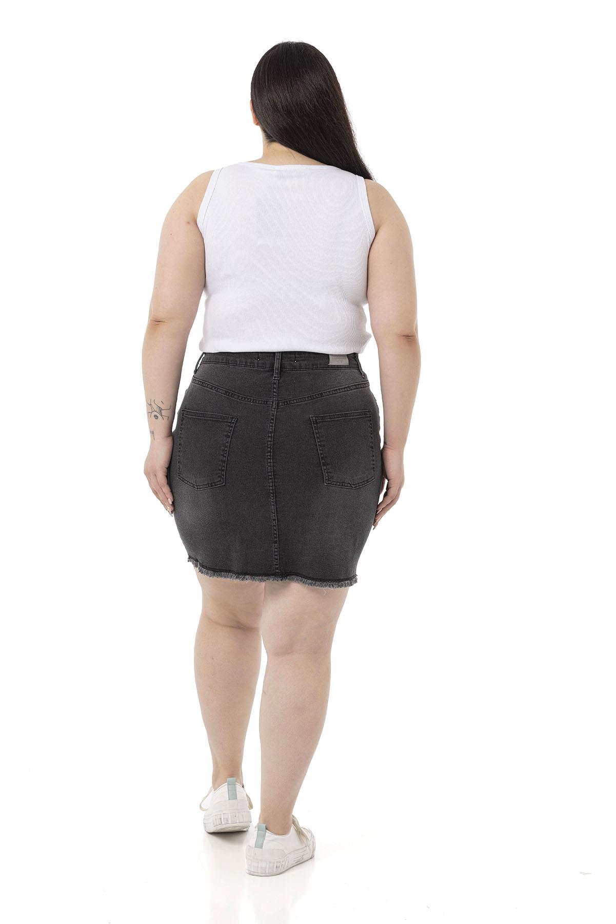 Plus Size Skirt Tasseled Button Detailed Anthracite Denim Mini Skirt