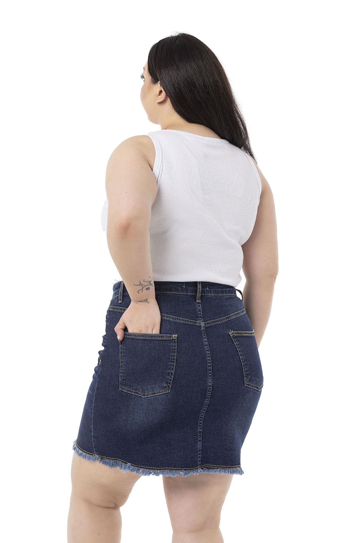 Plus Size Skirt Tasseled Button Detailed Navy Blue Denim Mini Skirt