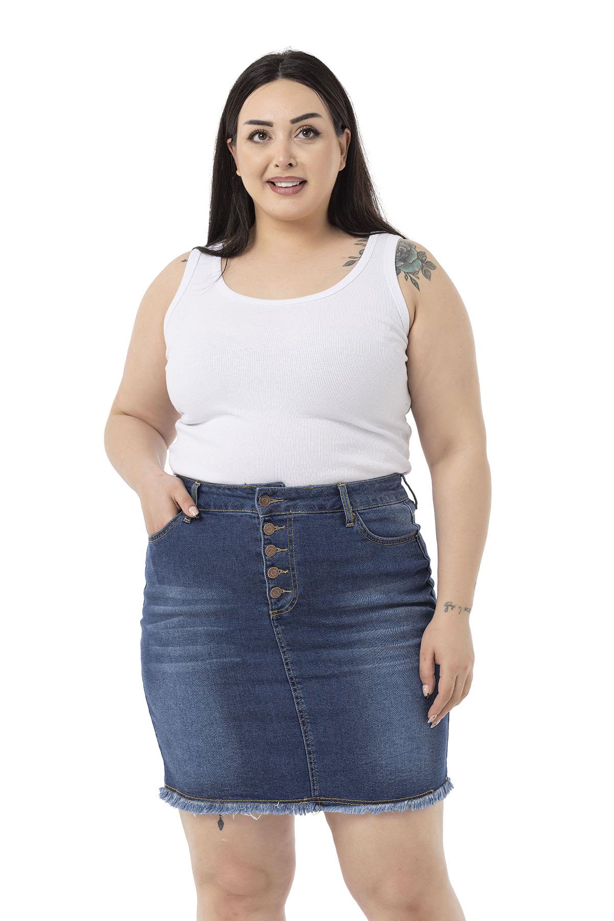 Plus Size Skirt Tasseled Button Detailed Blue Denim Mini Skirt