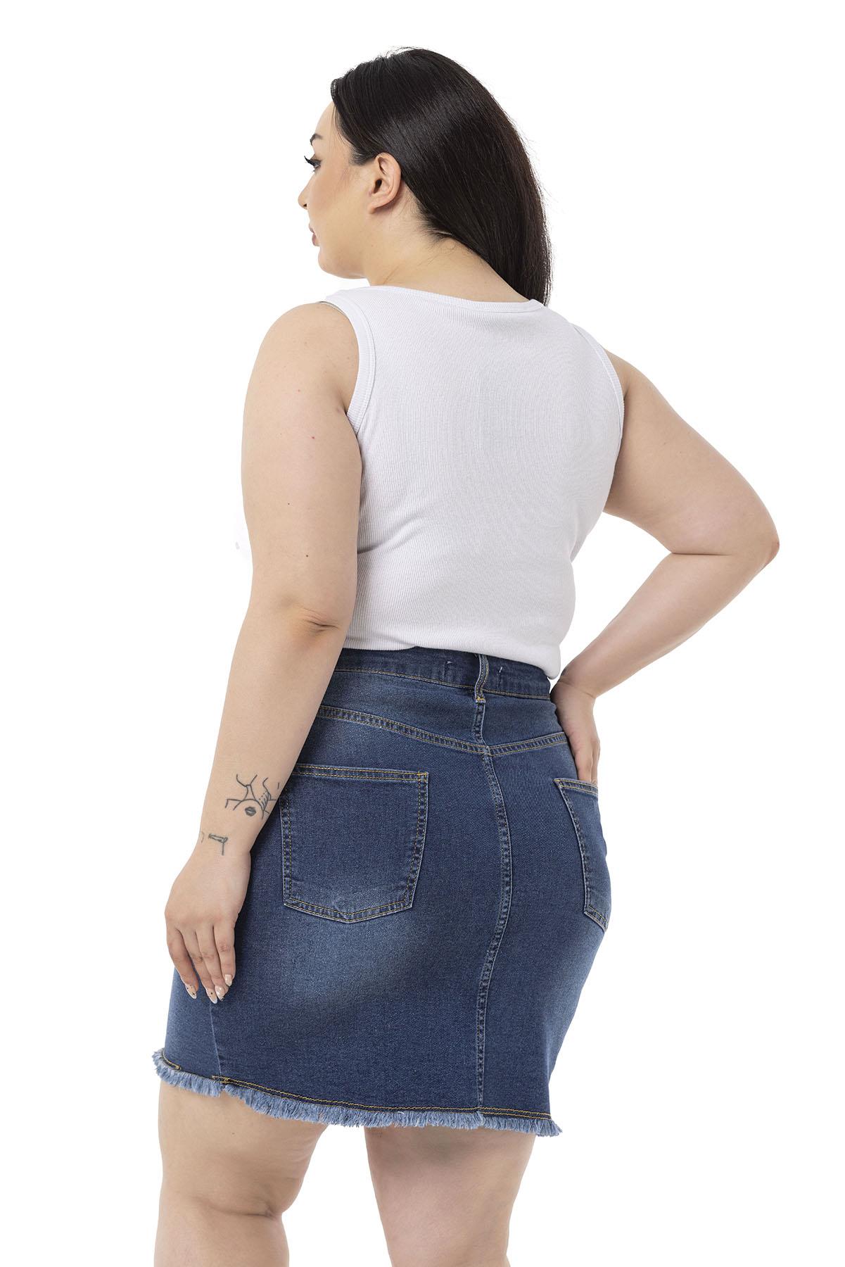 Plus Size Skirt Tasseled Button Detailed Blue Denim Mini Skirt