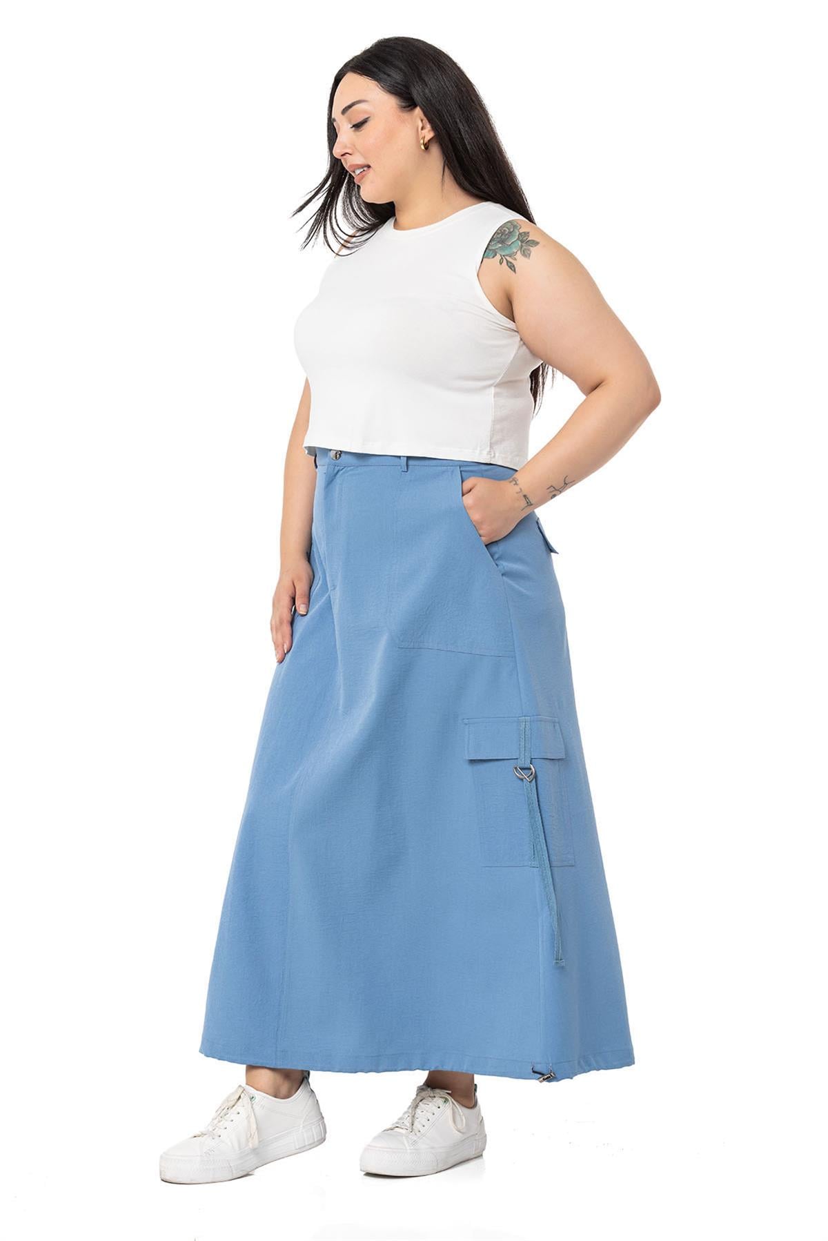 Plus Size Parachute Long Blue Skirt with Gathering Detail at the Hem