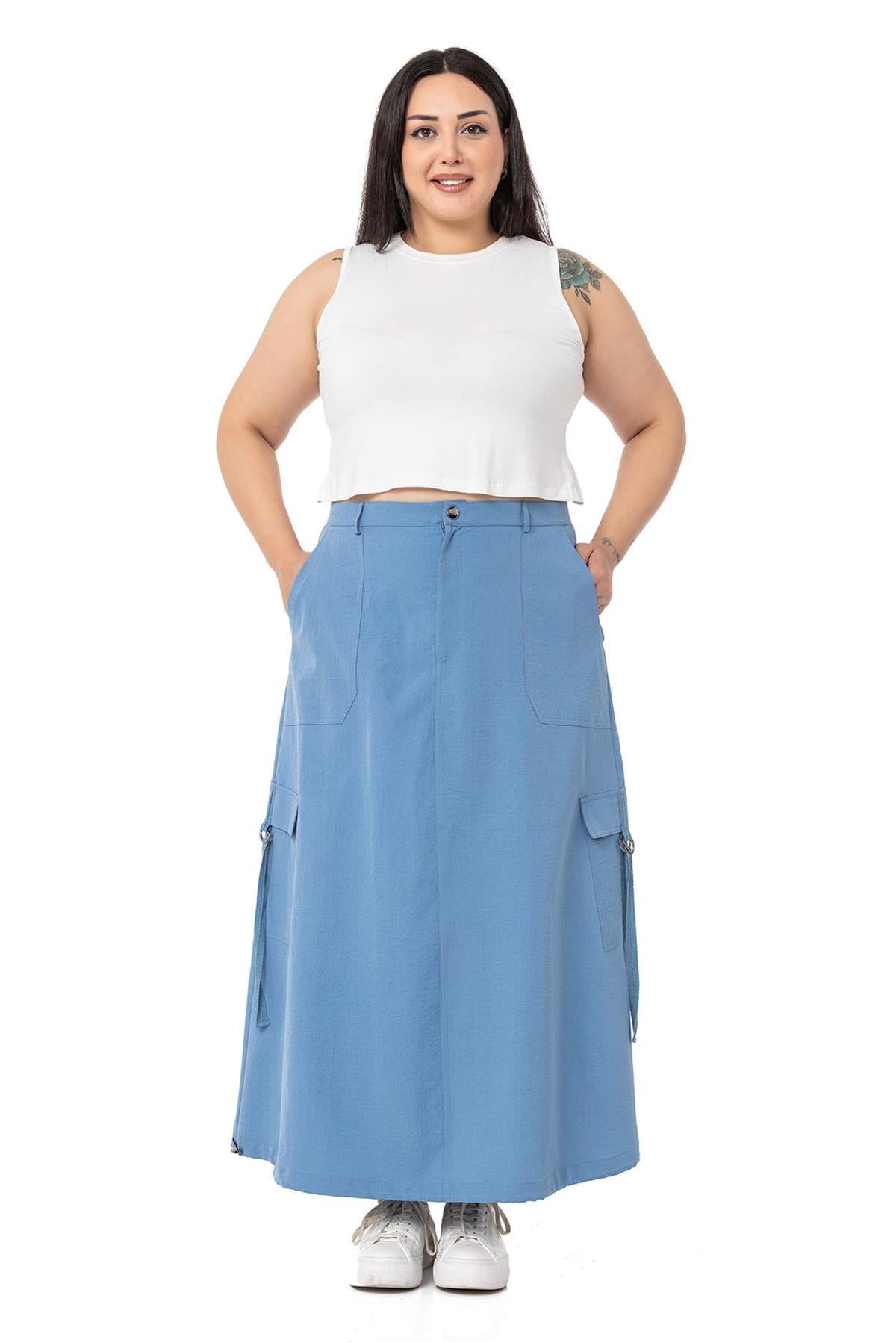 Plus Size Parachute Long Blue Skirt with Gathering Detail at the Hem