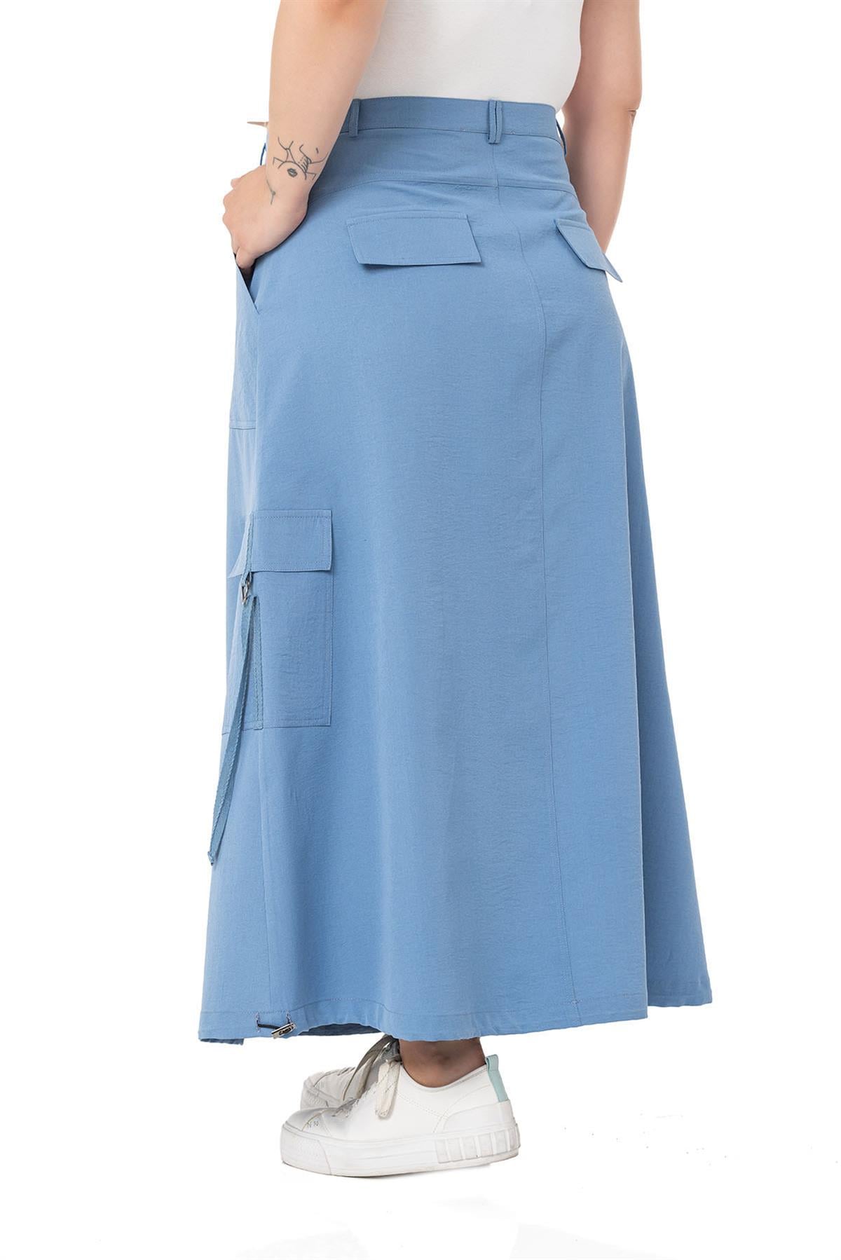 Plus Size Parachute Long Blue Skirt with Gathering Detail at the Hem