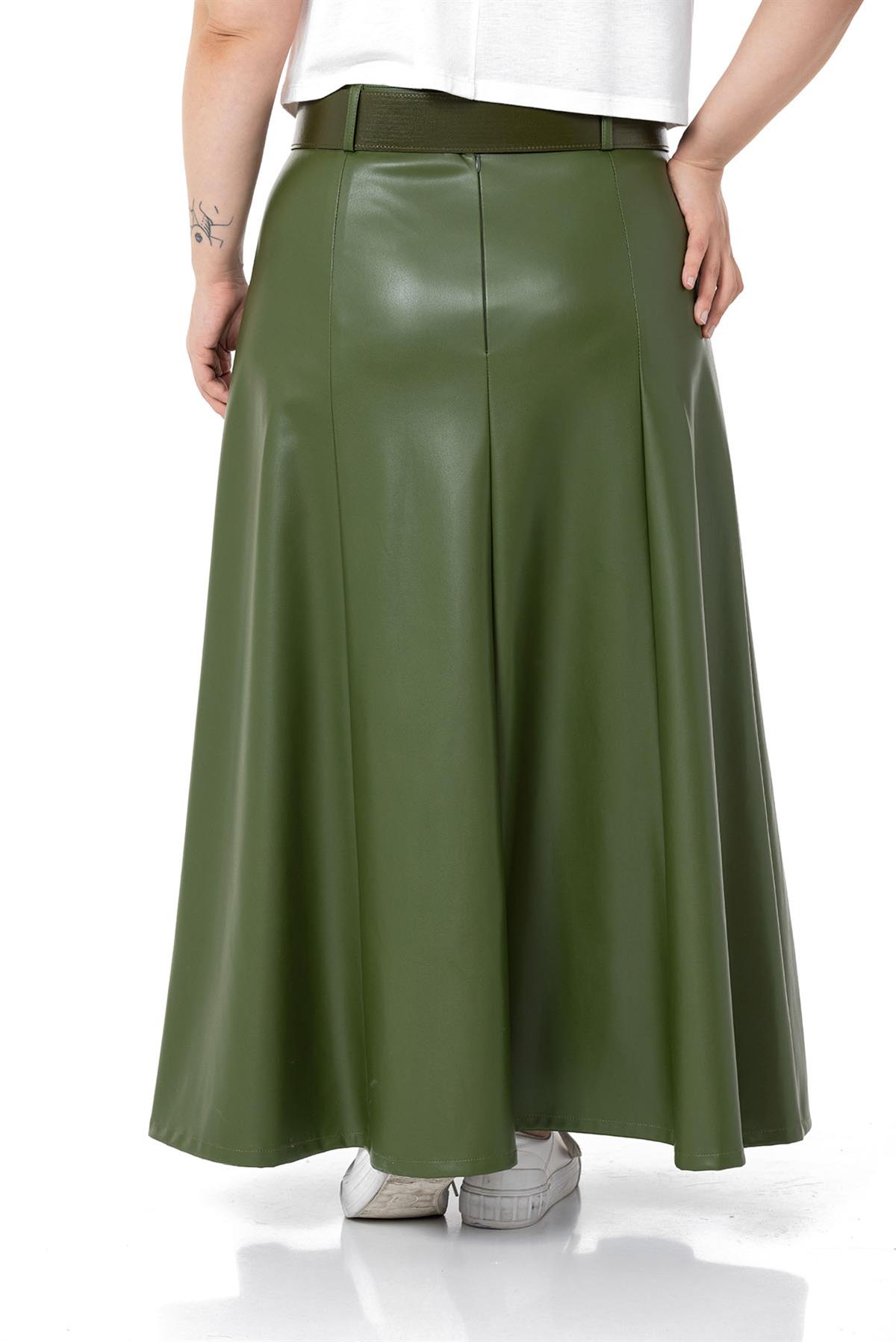 Plus Size Belted Long Khaki Leather Skirt