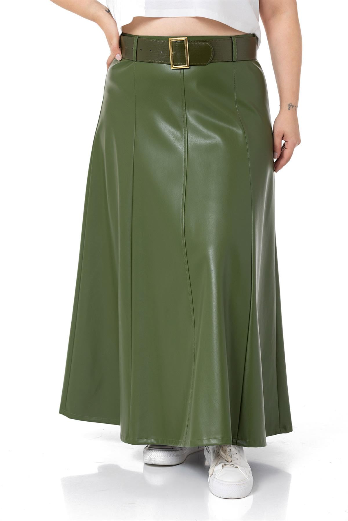 Plus Size Belted Long Khaki Leather Skirt