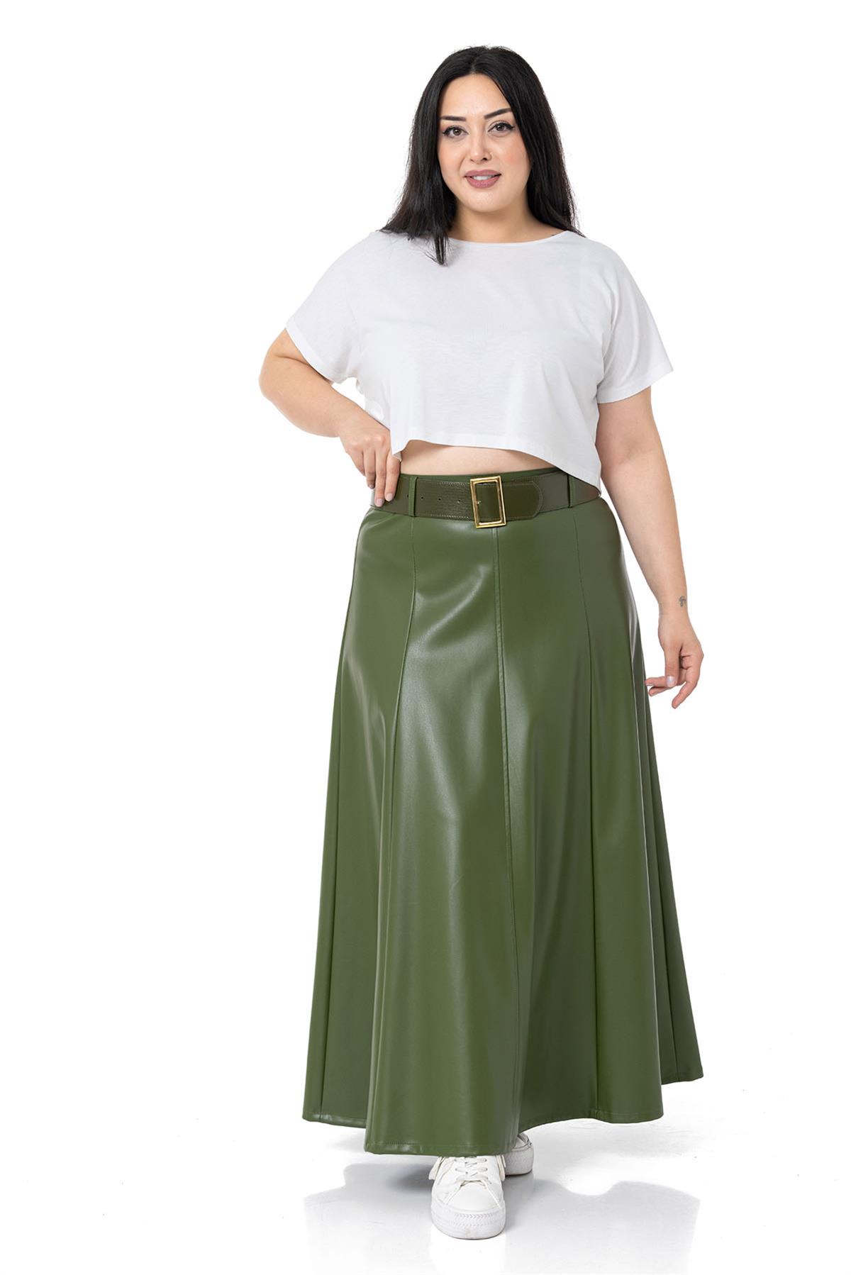 Plus Size Belted Long Khaki Leather Skirt