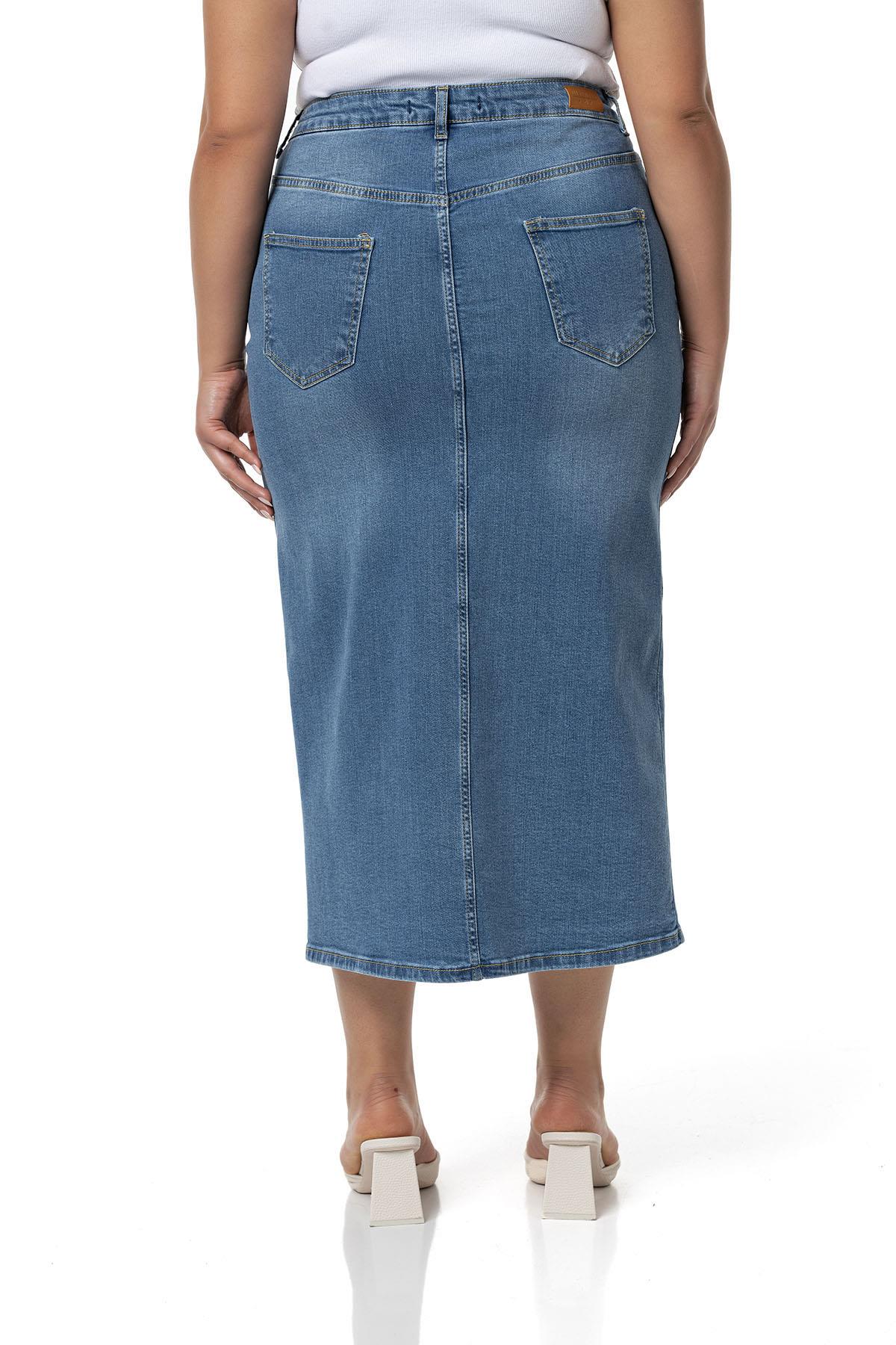 Plus Size Front Slit Detailed Five Pocket Midi Denim Light Blue Skirt