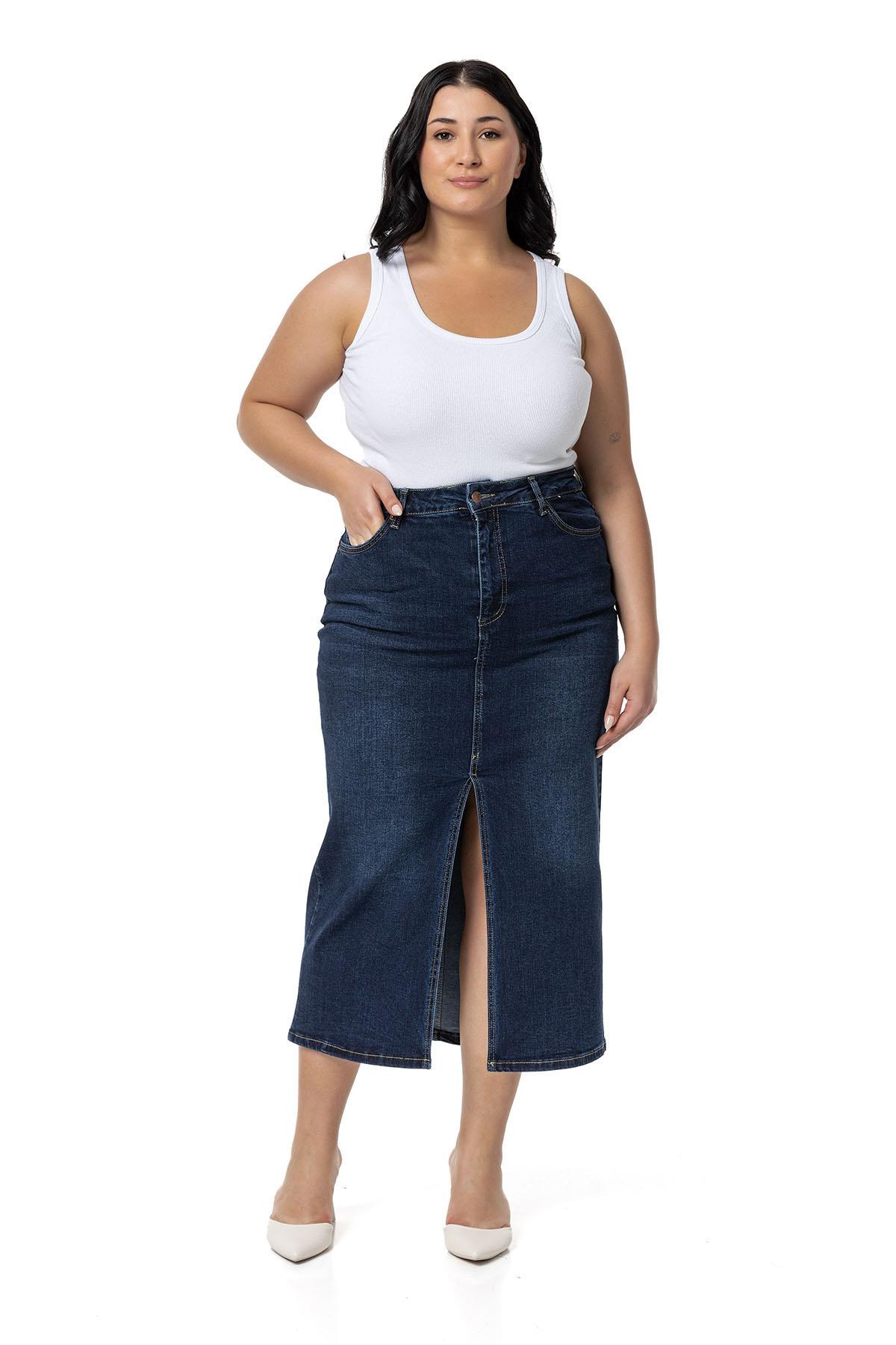 Plus Size Front Slit Detailed Five Pocket Midi Denim Navy Blue Skirt