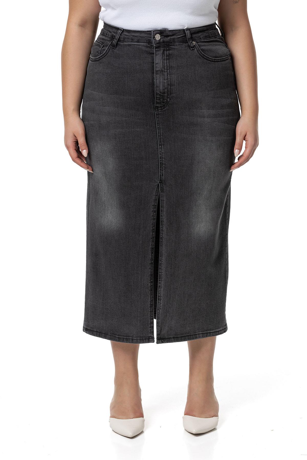 Plus Size Front Slit Detailed Five Pocket Midi Denim Anthracite Skirt