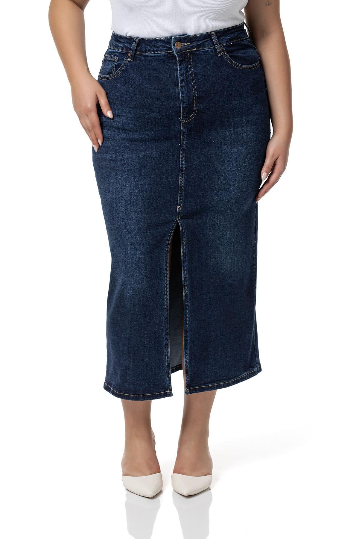 Plus Size Front Slit Detailed Five Pocket Midi Denim Navy Blue Skirt