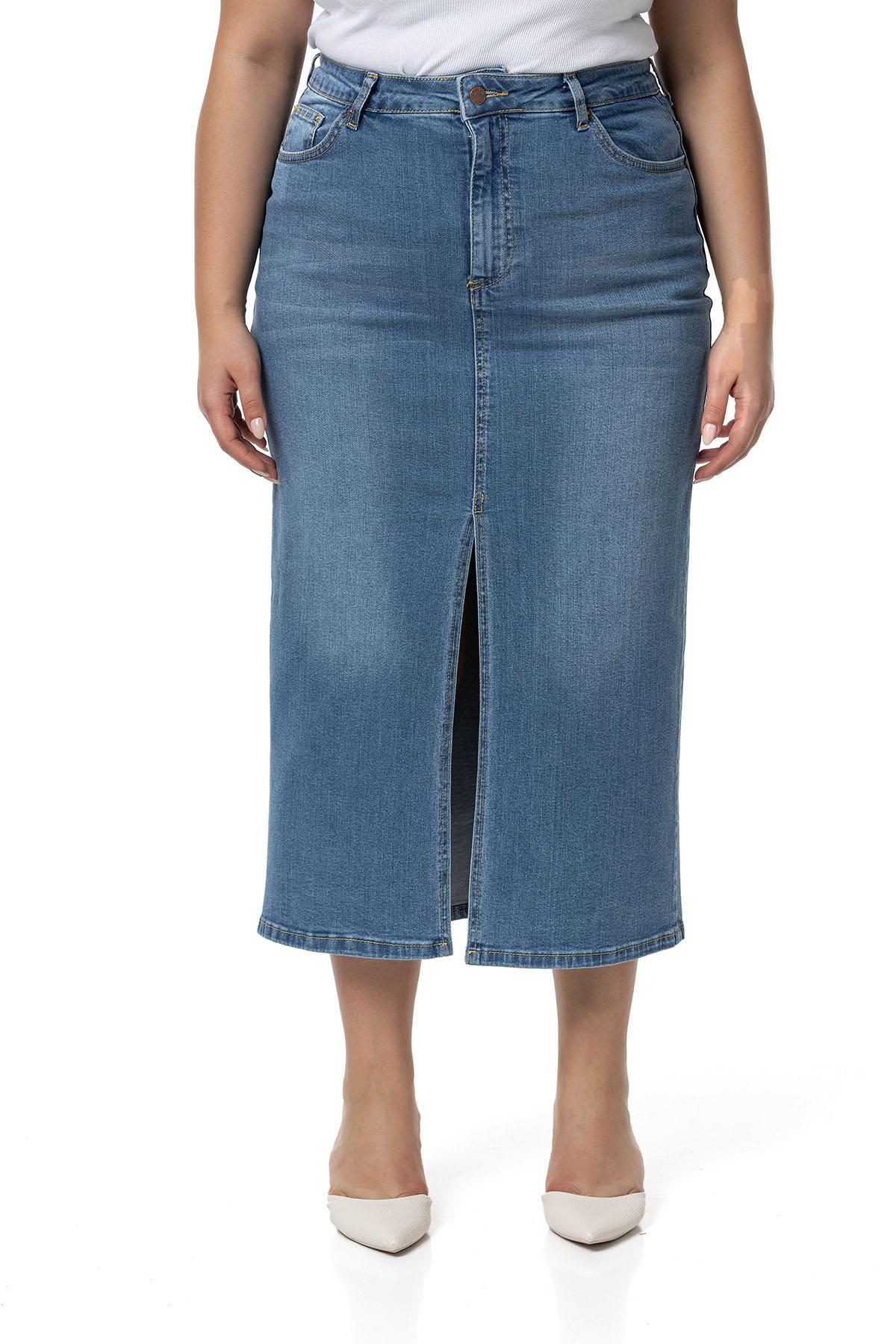 Plus Size Front Slit Detailed Five Pocket Midi Denim Light Blue Skirt