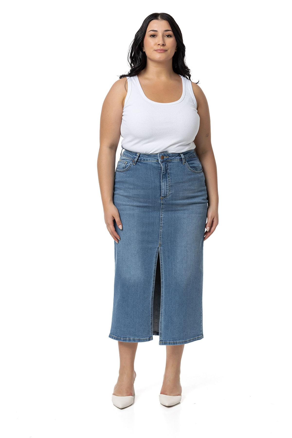 Plus Size Front Slit Detailed Five Pocket Midi Denim Light Blue Skirt