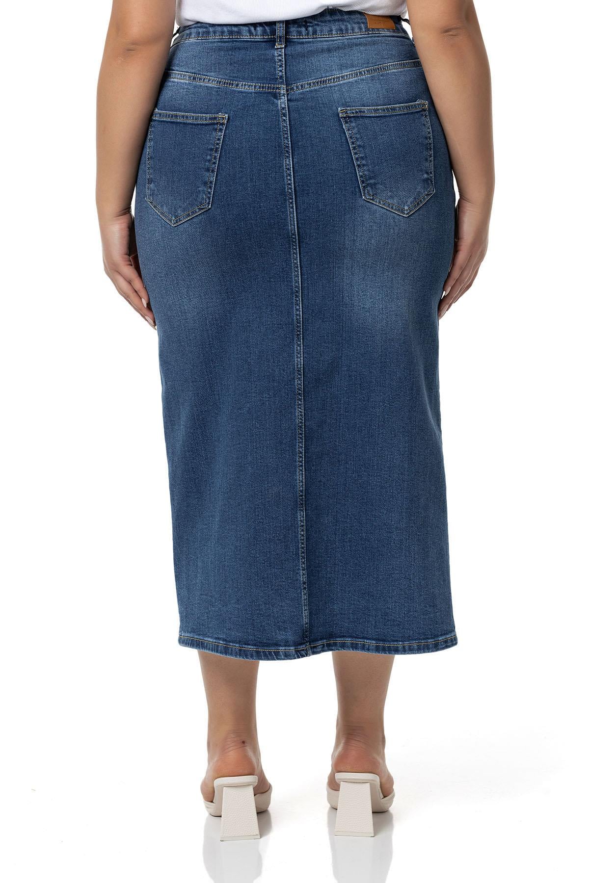 Plus Size Front Slit Detailed Five Pocket Midi Denim Blue Skirt