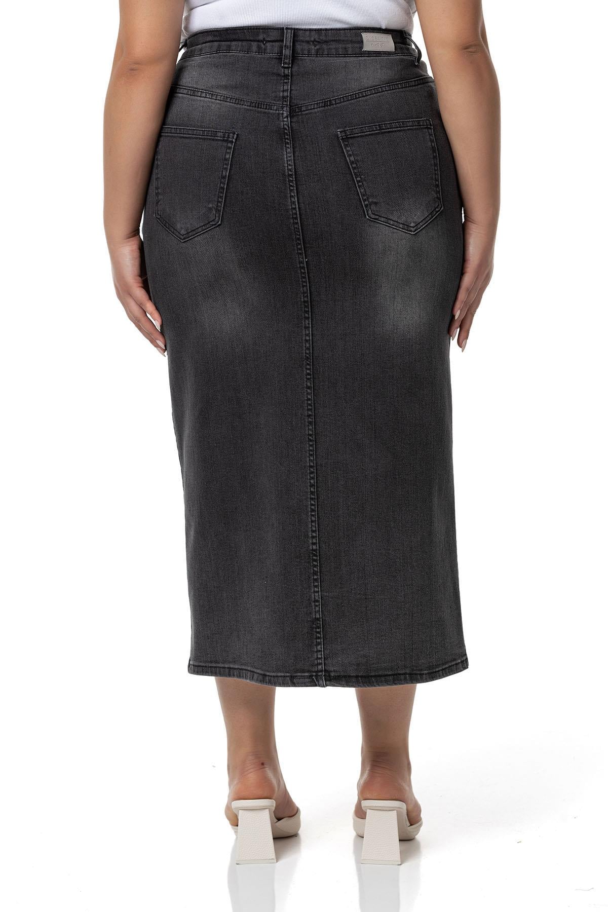 Plus Size Front Slit Detailed Five Pocket Midi Denim Anthracite Skirt