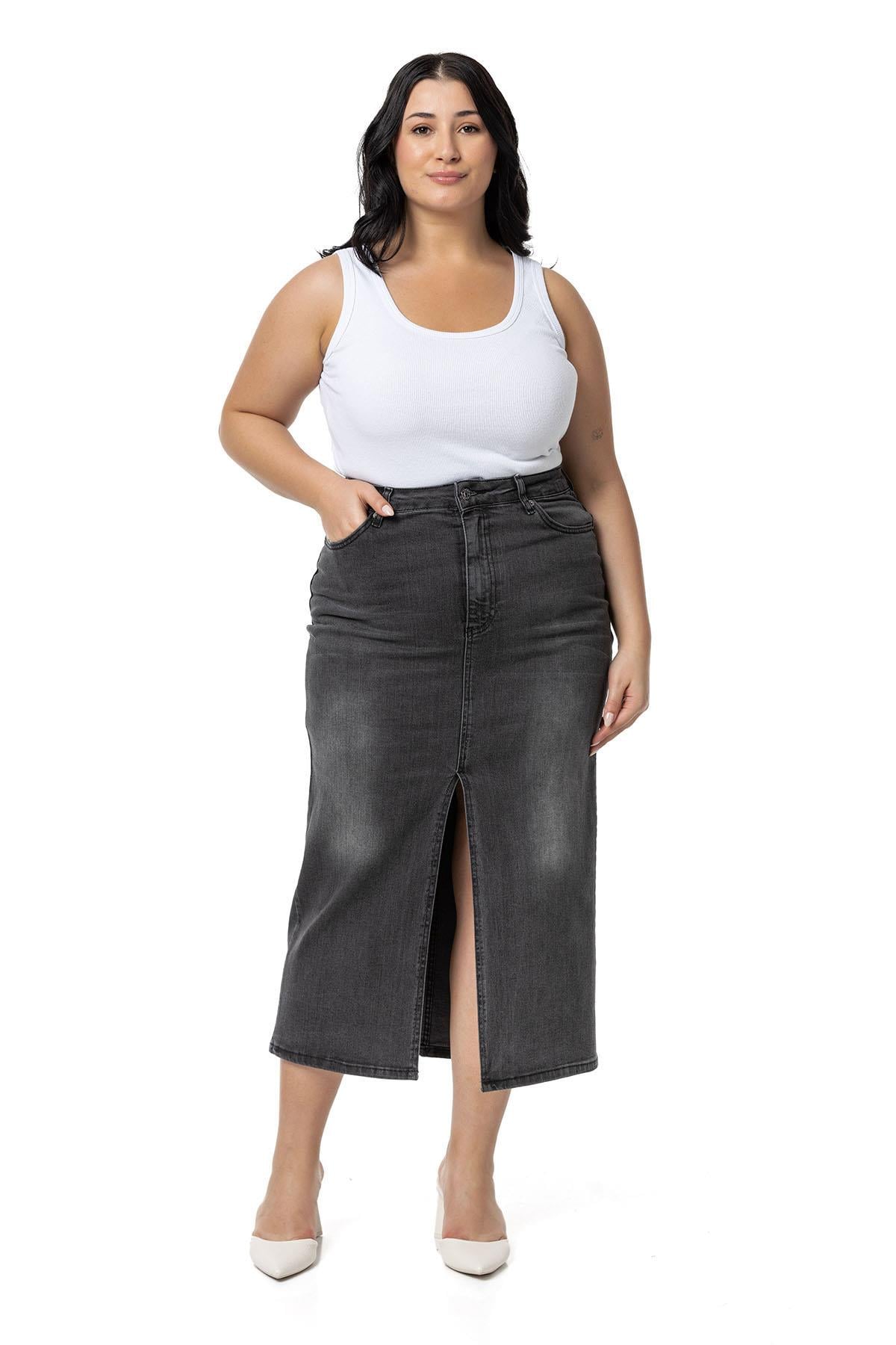 Plus Size Front Slit Detailed Five Pocket Midi Denim Anthracite Skirt