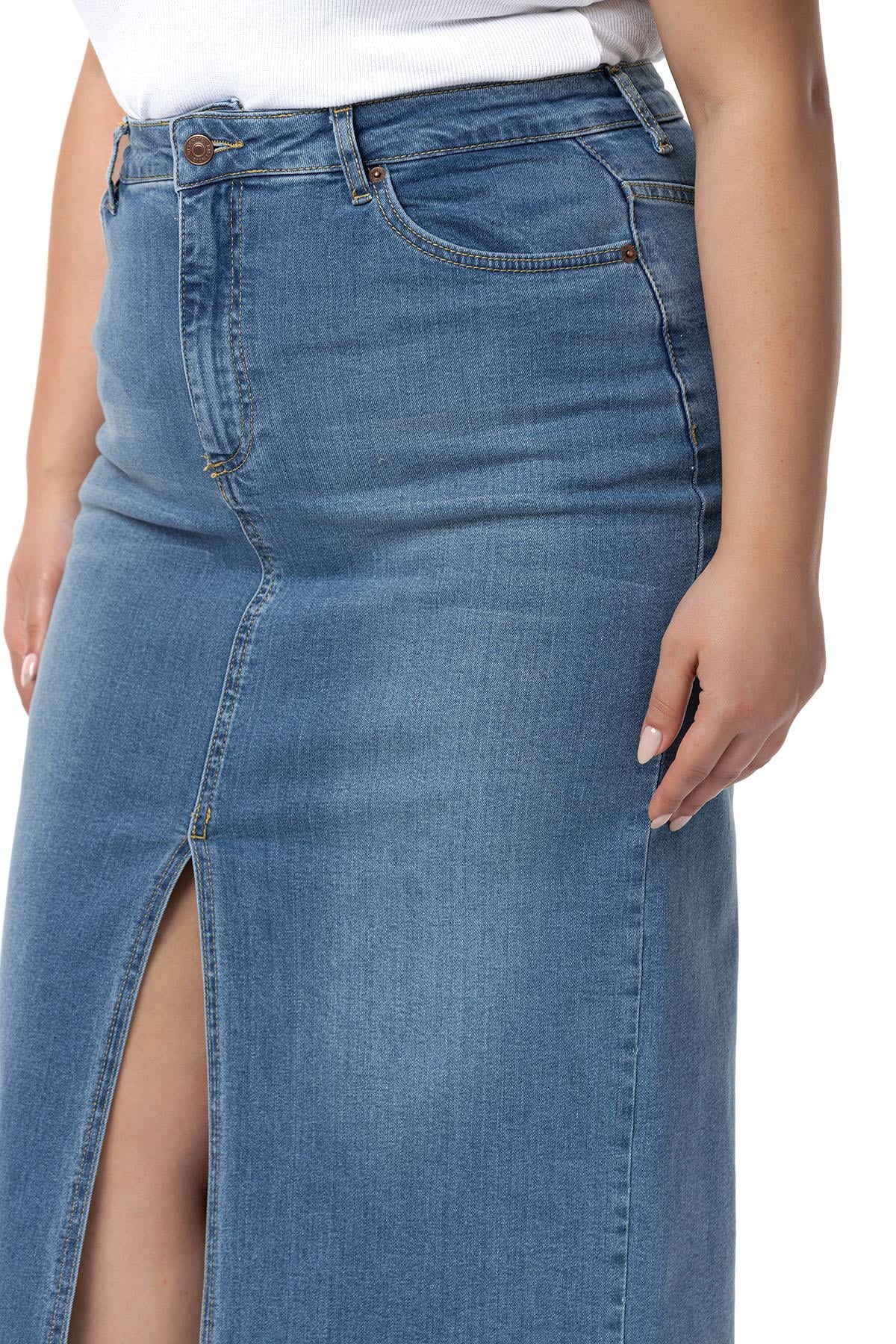 Plus Size Front Slit Detailed Five Pocket Midi Denim Light Blue Skirt