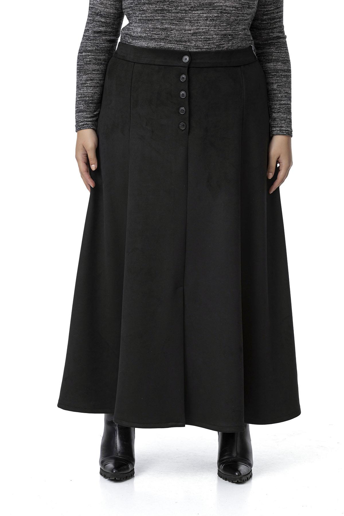 Plus Size Long Suede Black Skirt with Front Slit Buttons Elastic Waist at Back