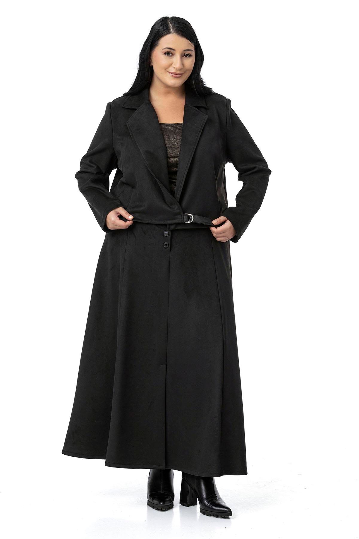 Plus Size Long Suede Black Skirt with Front Slit Buttons Elastic Waist at Back