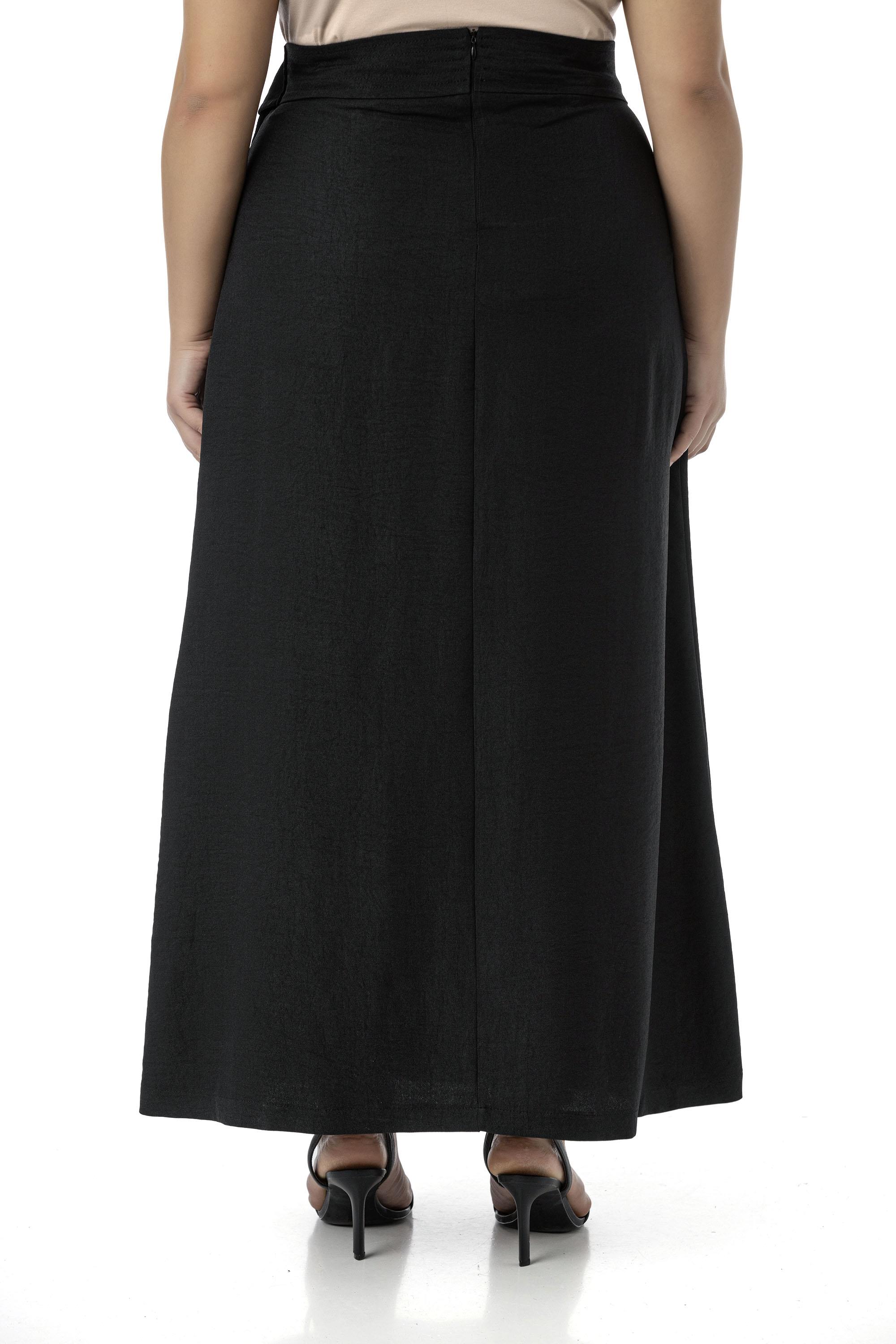 Plus Size Black Midi Skirt with Front Slit Ornamental Tie Detail Bag Pocket