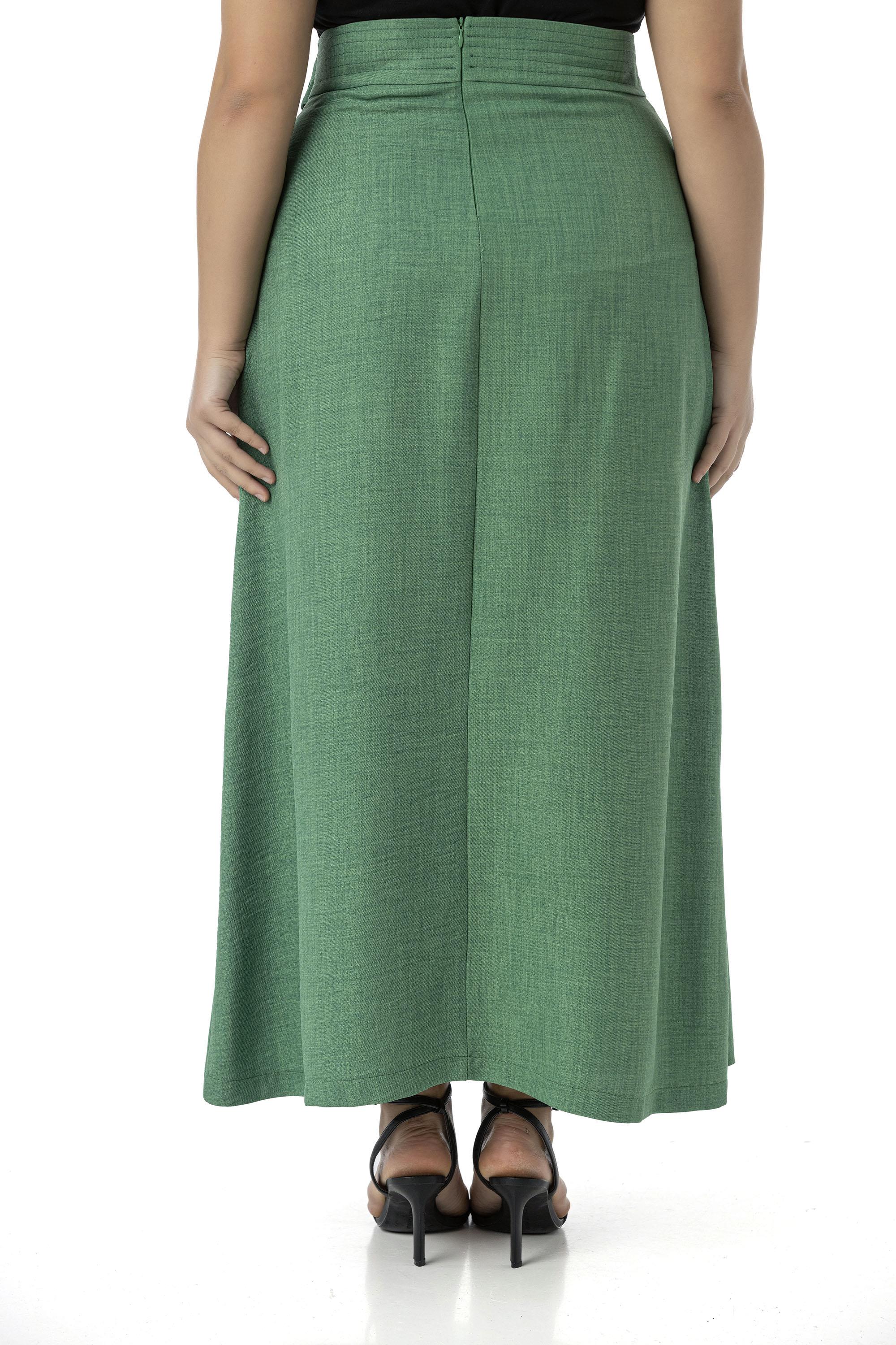 Plus Size Green Midi Skirt with Front Slit Ornamental Tie Detail Bag Pocket