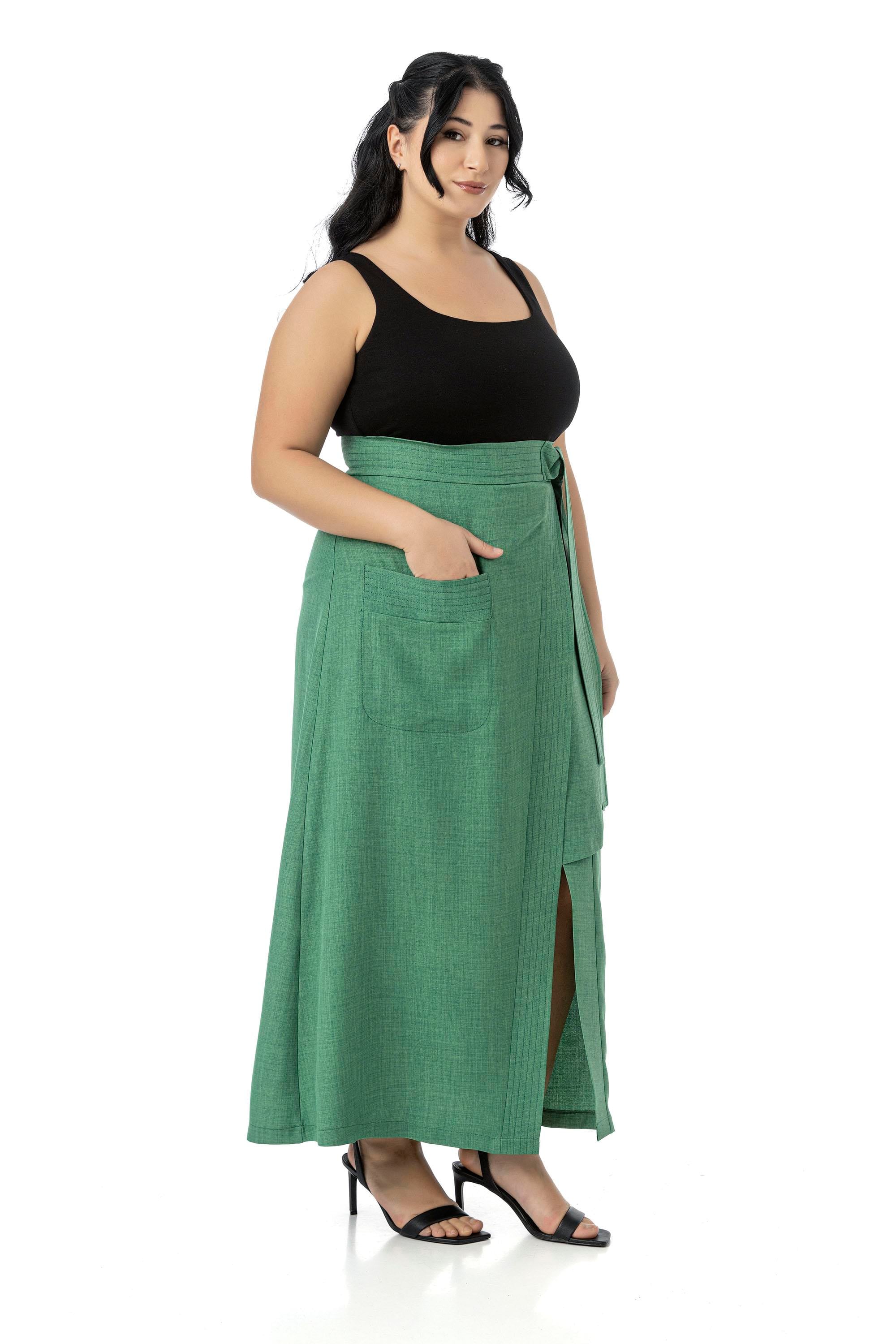 Plus Size Green Midi Skirt with Front Slit Ornamental Tie Detail Bag Pocket