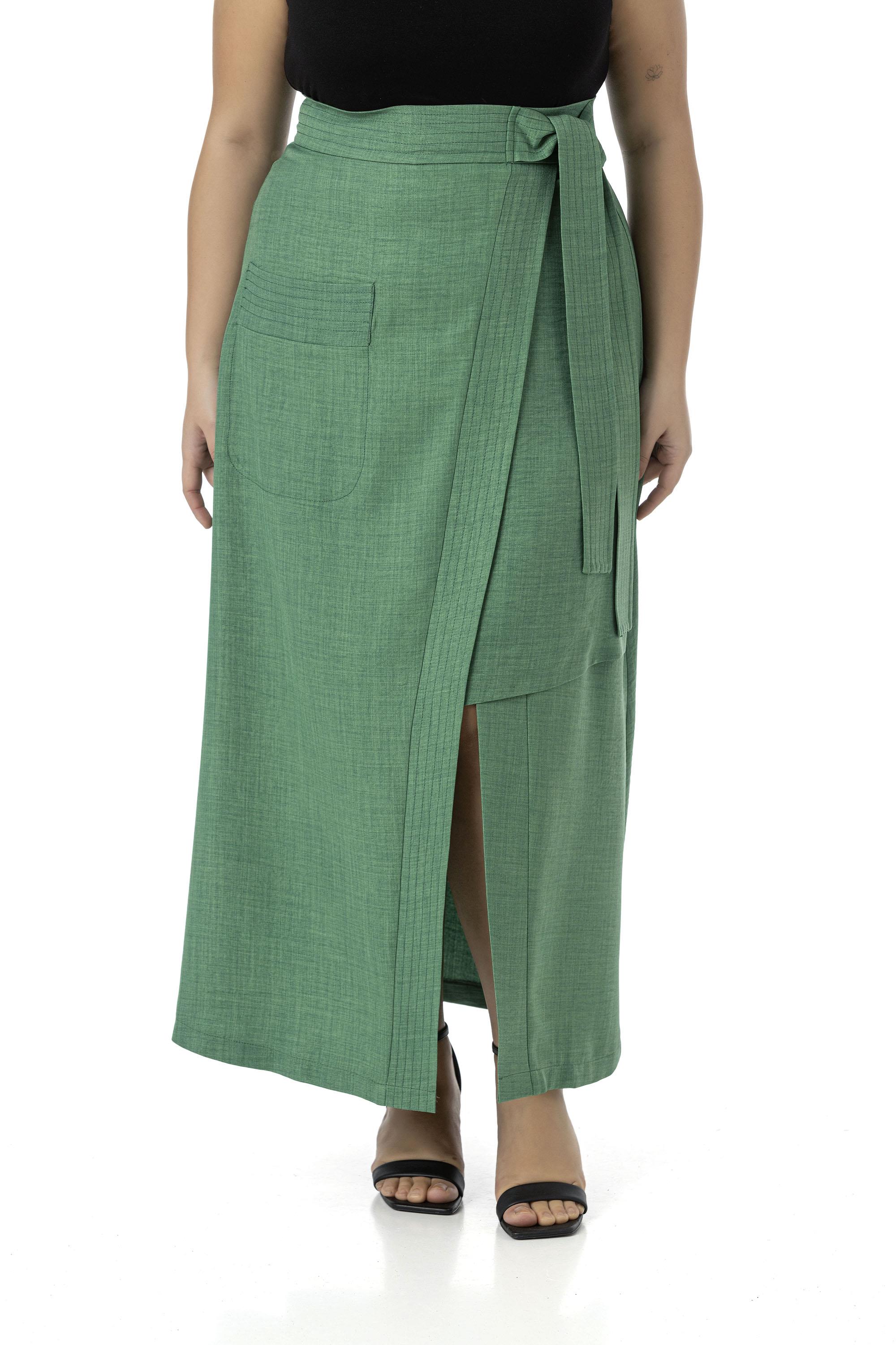 Plus Size Green Midi Skirt with Front Slit Ornamental Tie Detail Bag Pocket