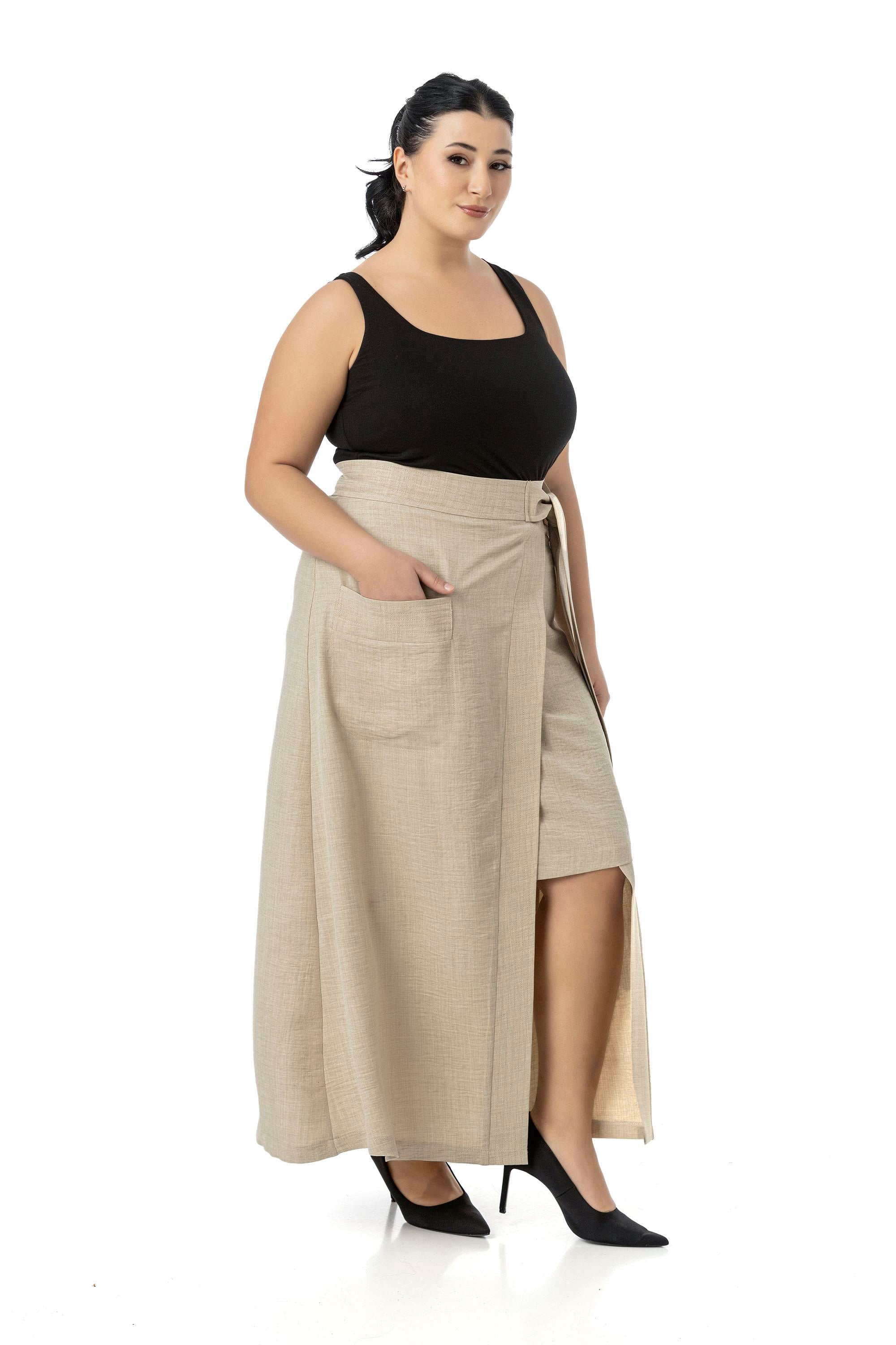 Plus Size Beige Midi Skirt with Front Slit Ornamental Tie Detail Bag Pocket