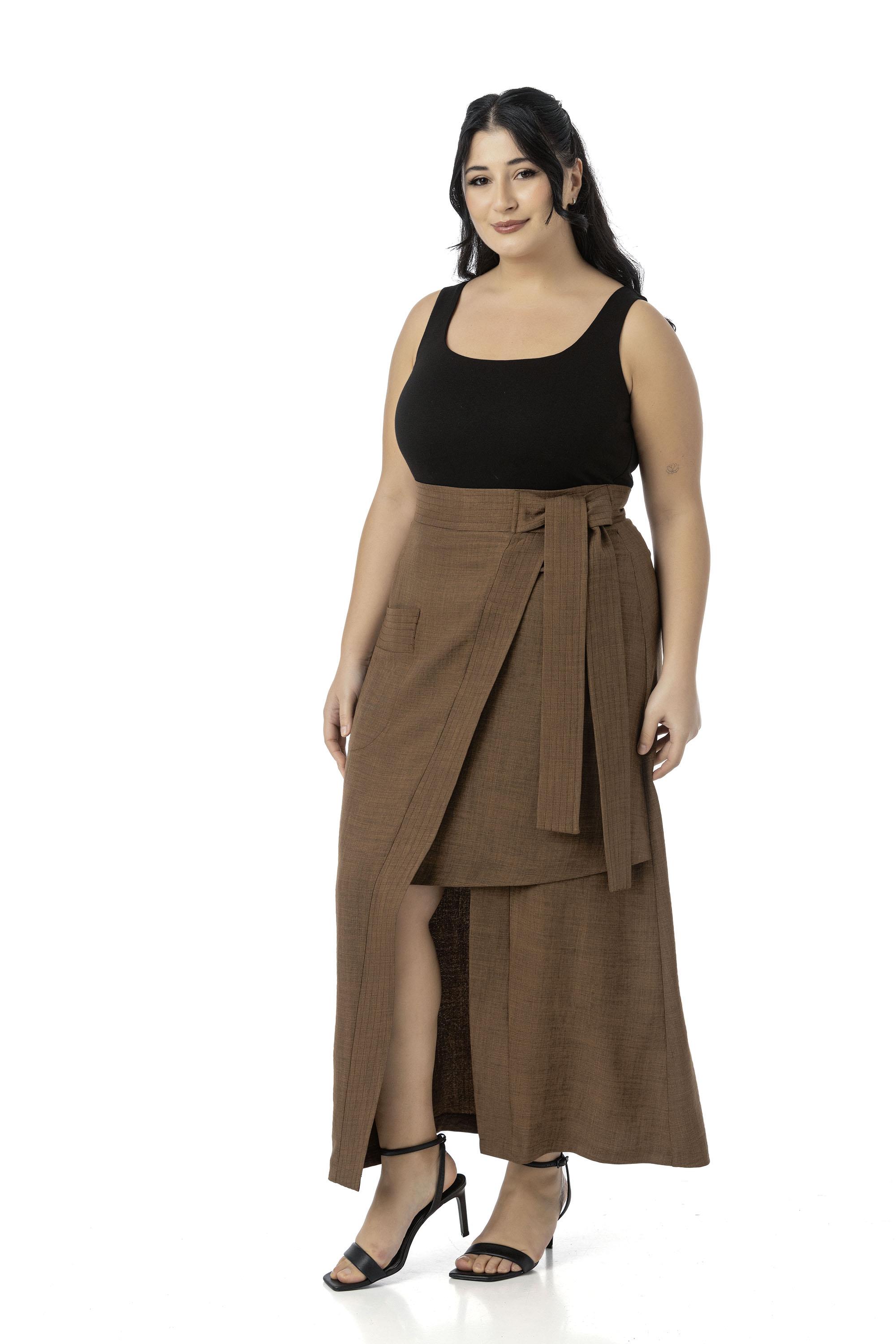 Plus Size Brown Midi Skirt with Front Slit Ornamental Tie Detail Bag Pocket