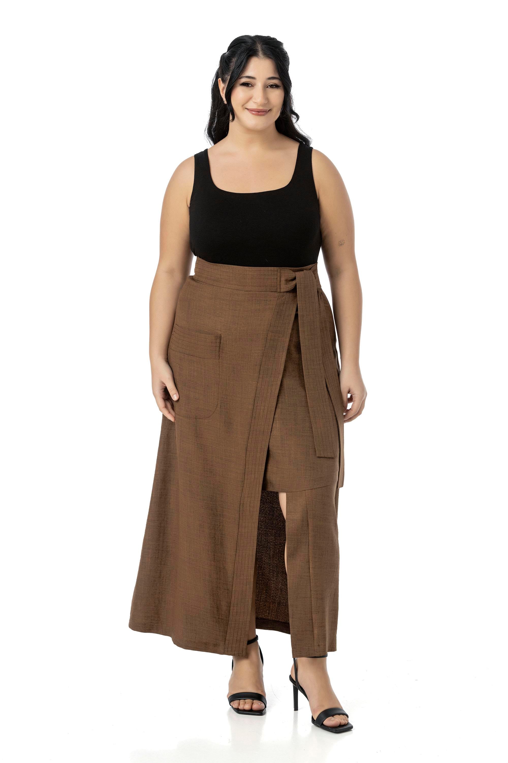 Plus Size Brown Midi Skirt with Front Slit Ornamental Tie Detail Bag Pocket
