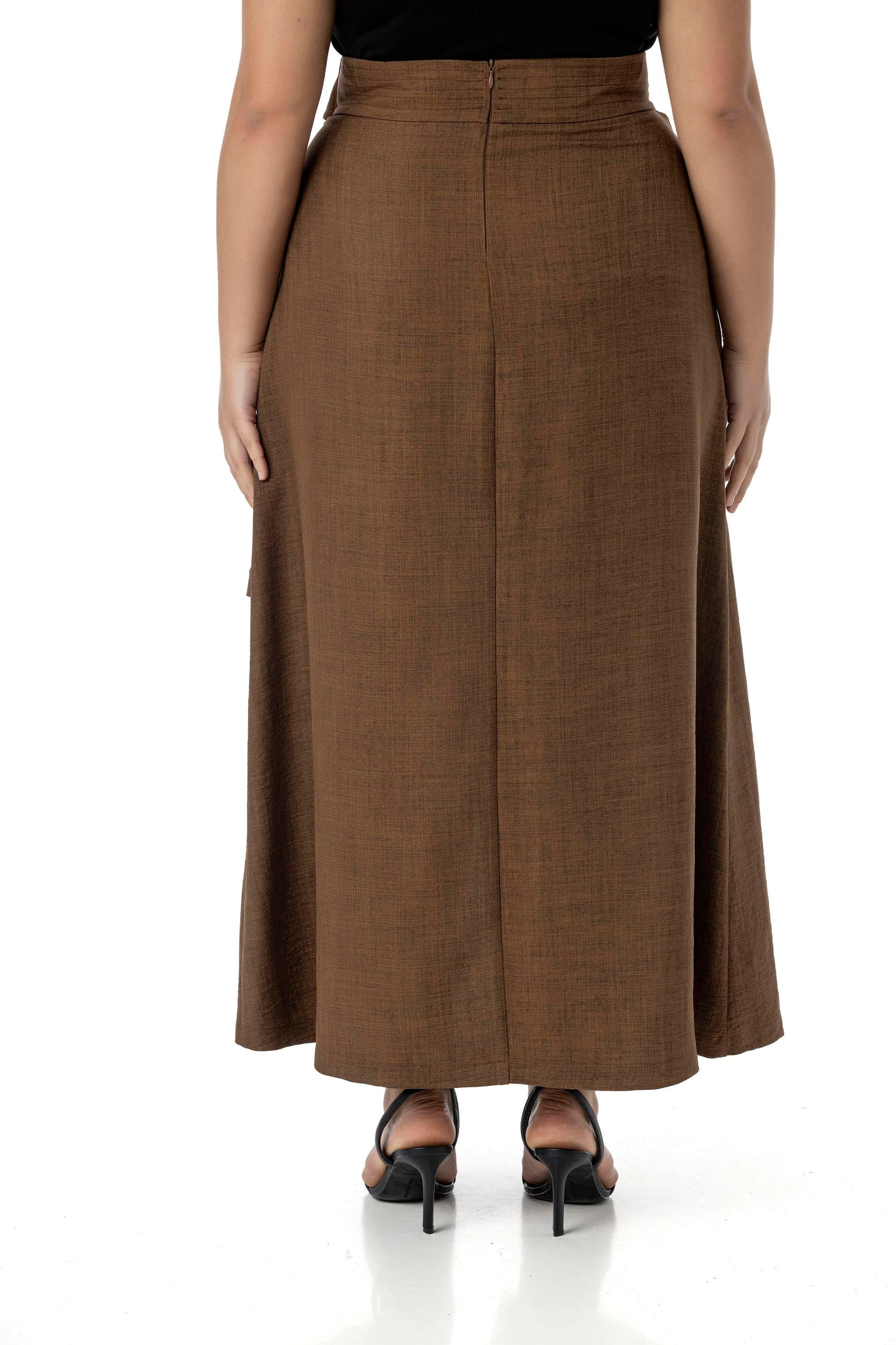 Plus Size Brown Midi Skirt with Front Slit Ornamental Tie Detail Bag Pocket