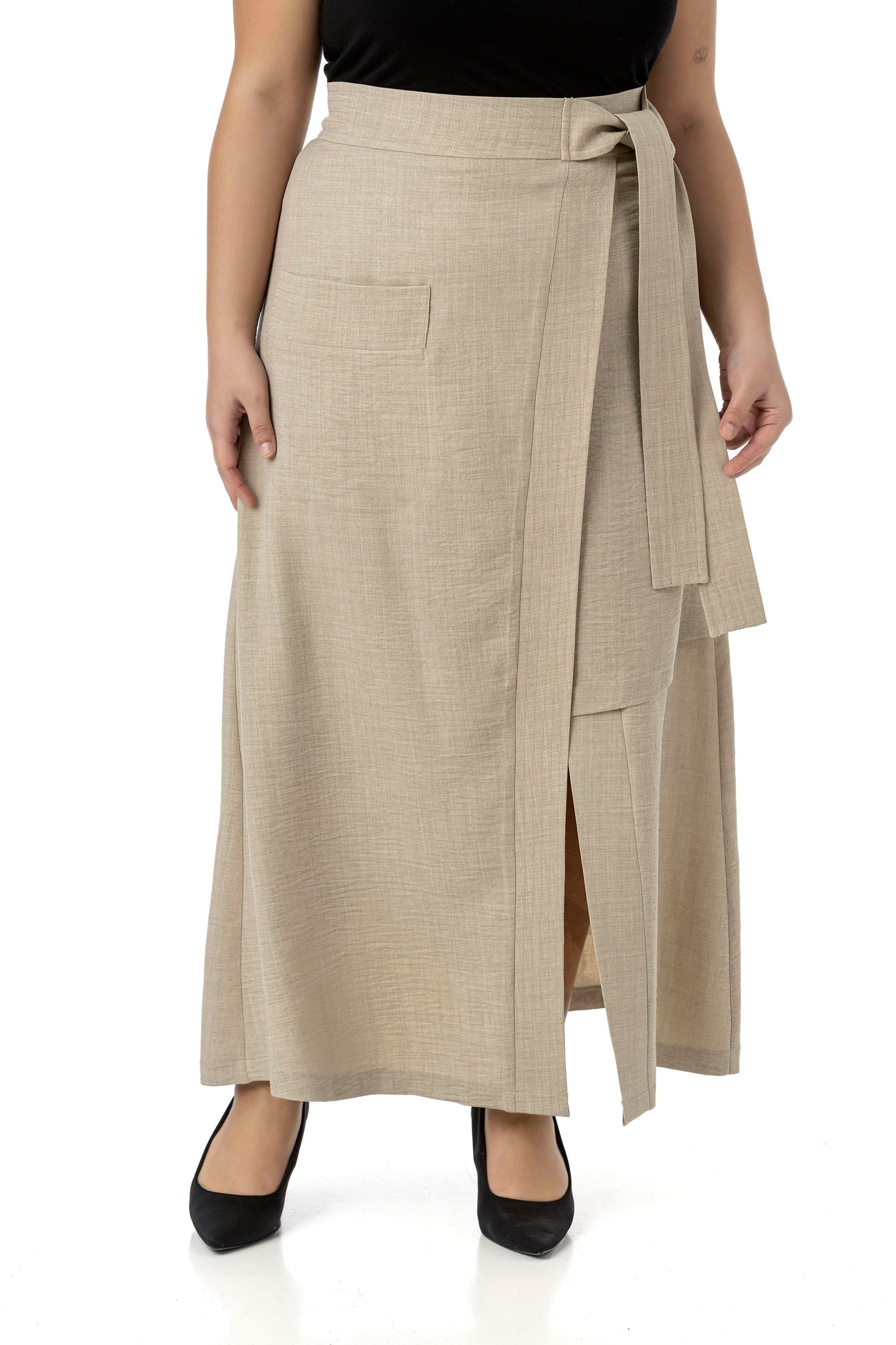 Plus Size Beige Midi Skirt with Front Slit Ornamental Tie Detail Bag Pocket