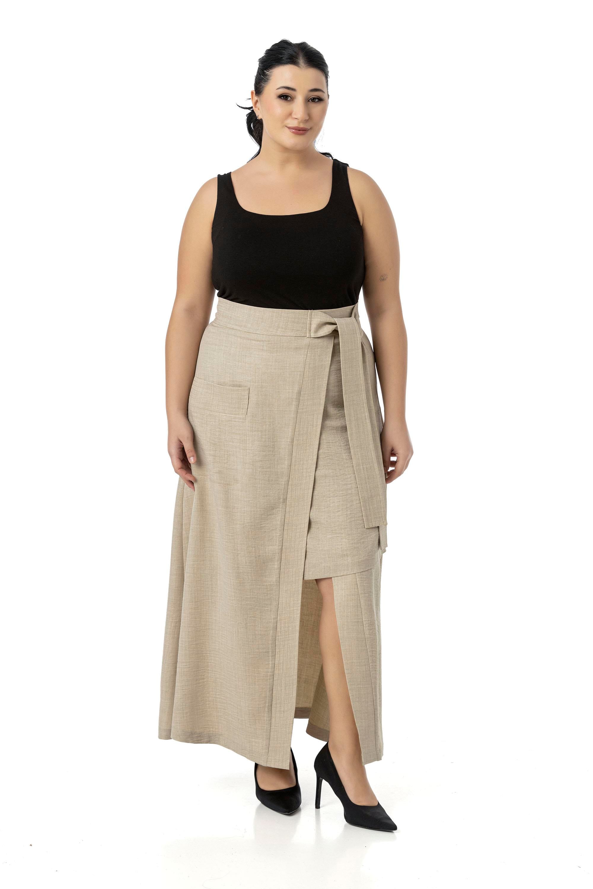 Plus Size Beige Midi Skirt with Front Slit Ornamental Tie Detail Bag Pocket