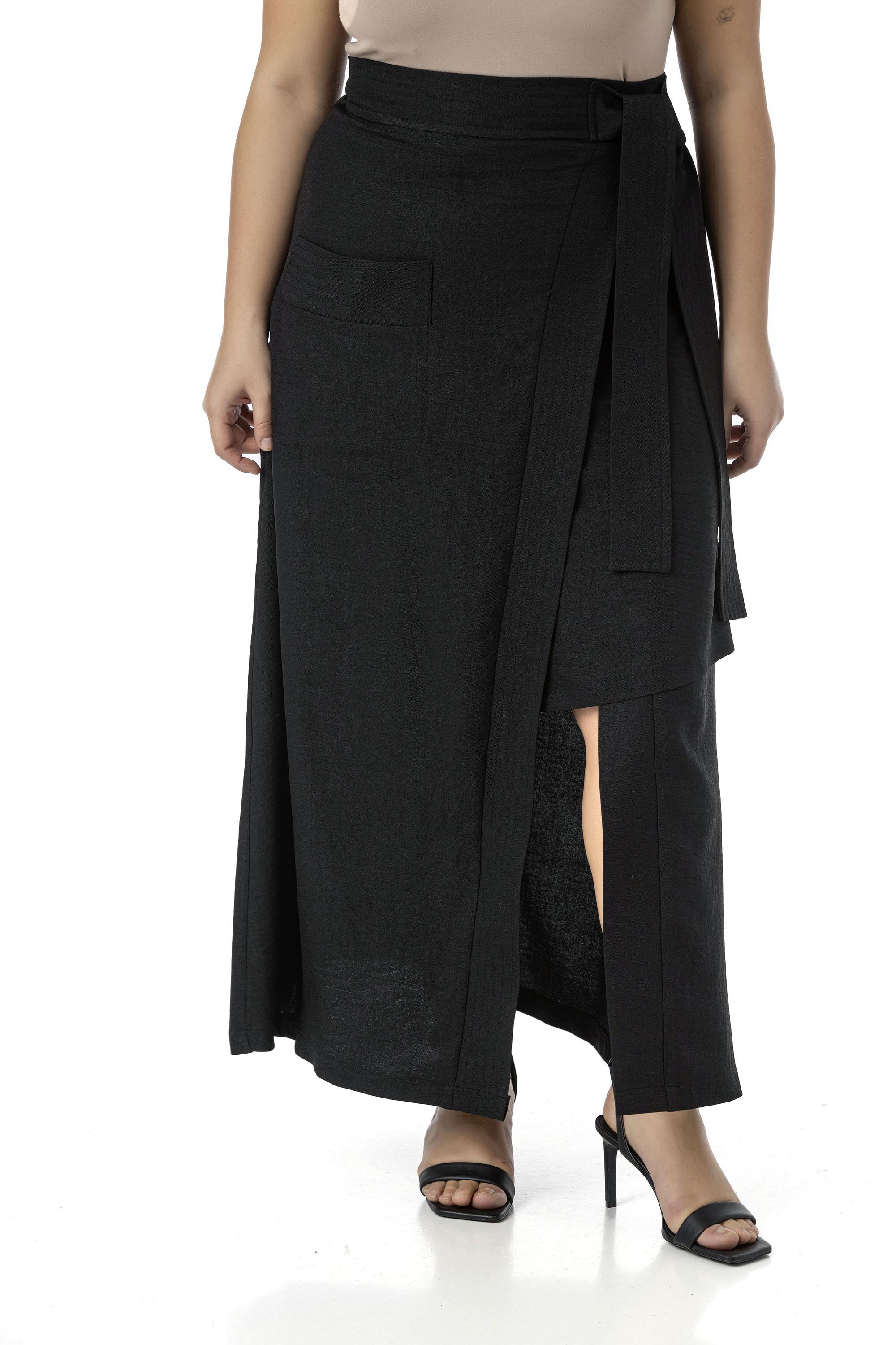 Plus Size Black Midi Skirt with Front Slit Ornamental Tie Detail Bag Pocket