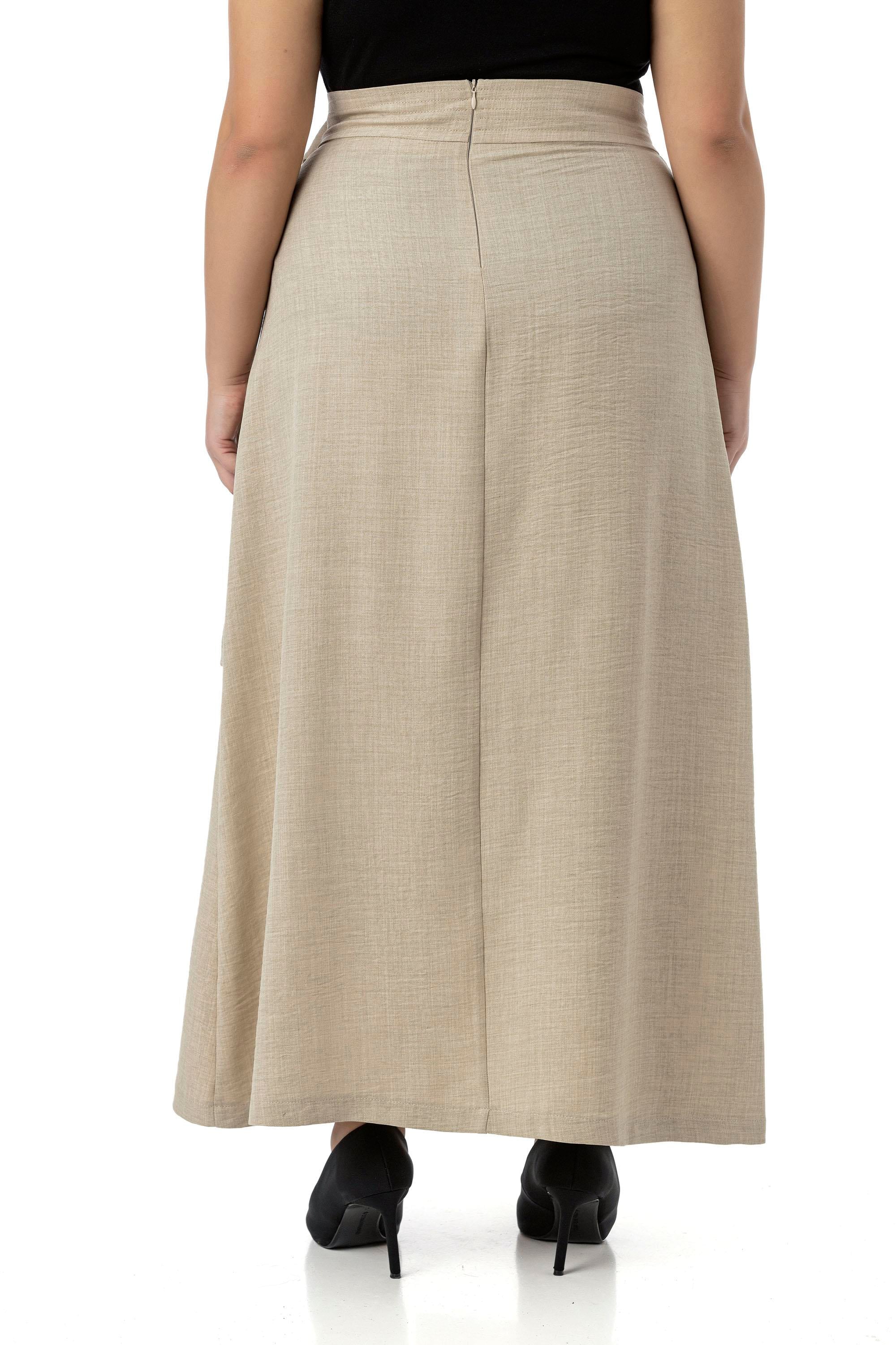 Plus Size Beige Midi Skirt with Front Slit Ornamental Tie Detail Bag Pocket
