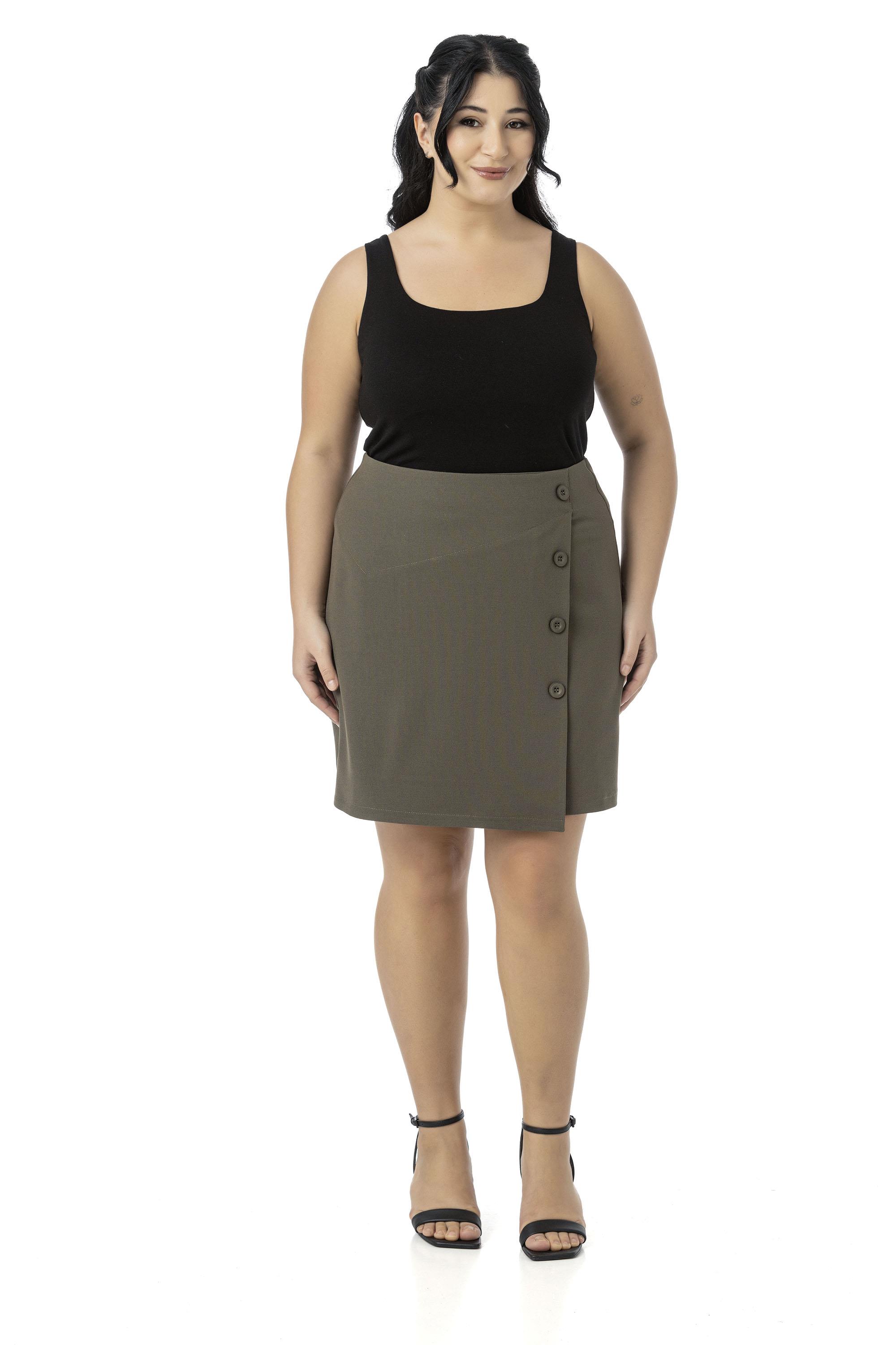 Plus Size Mini Khaki Skirt with Double Layer Ornamental Button Detail on the Front and Zipper Closure