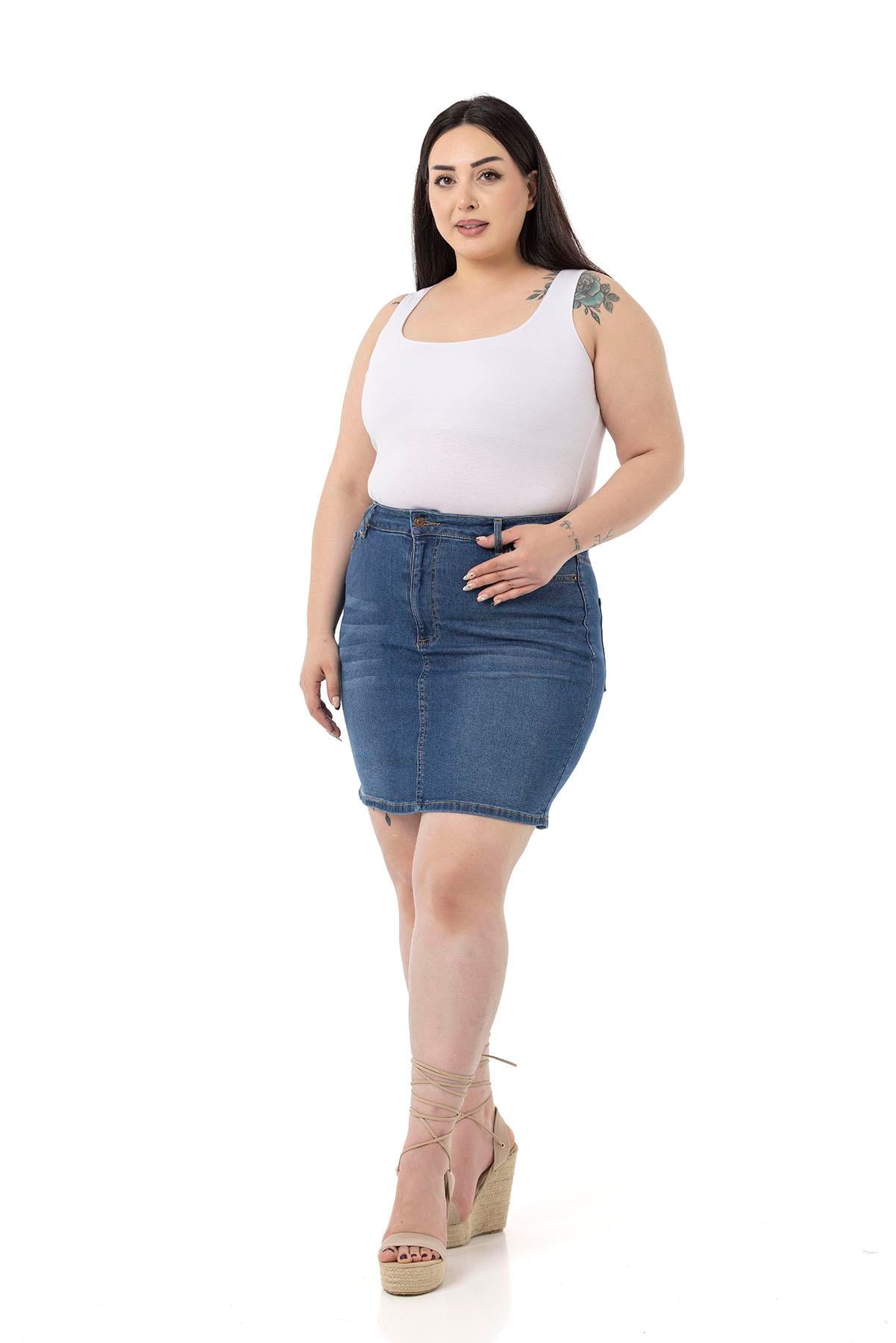 Plus Size Blue Mini Denim Skirt with Grinding Detail and Five Pockets