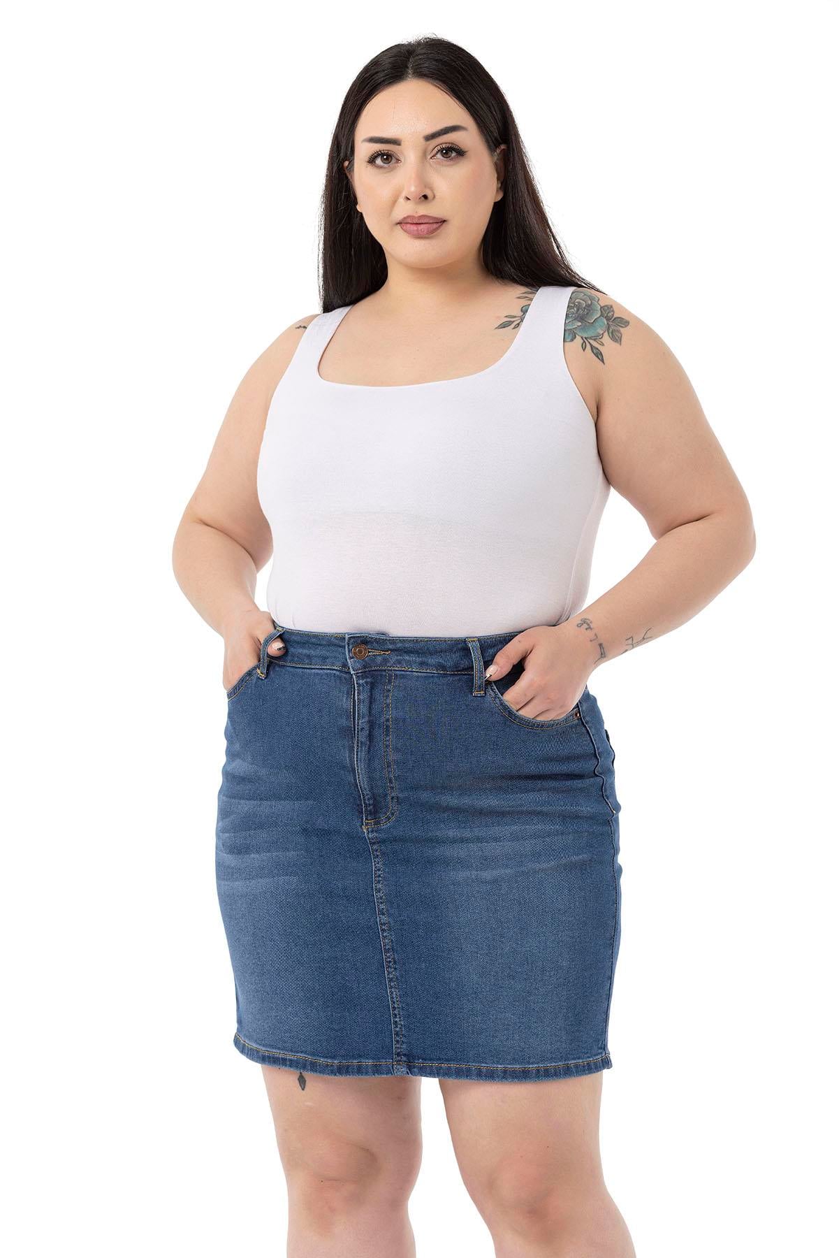 Plus Size Blue Mini Denim Skirt with Grinding Detail and Five Pockets