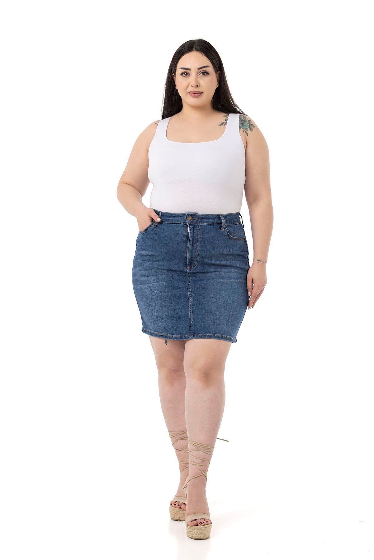 Plus Size Blue Mini Denim Skirt with Grinding Detail and Five Pockets