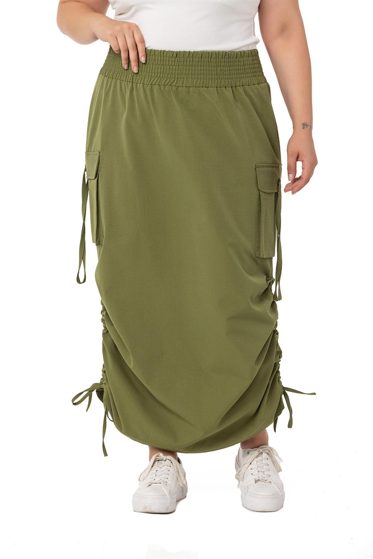 Plus Size Parachute Long Khaki Skirt with Side Gather Detail and Elastic Waist