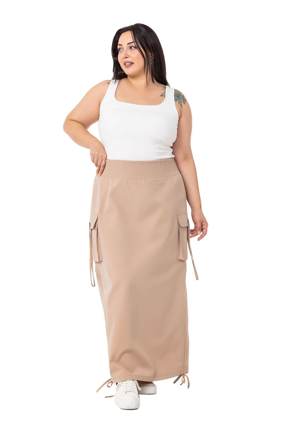 Plus Size Parachute Long Mink Skirt with Side Gather Detail and Elastic Waist